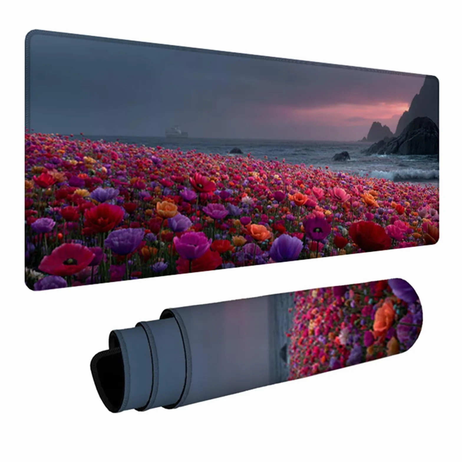 Podkładka pod mysz 1200 x 600 x 3 mm w kwiaty, widok na morze mata na biurko do gier, podkładka pod mysz z gumową podstawą, mata biurowa z przeszyciami na krawędziach, akcesoria dla graczy, do