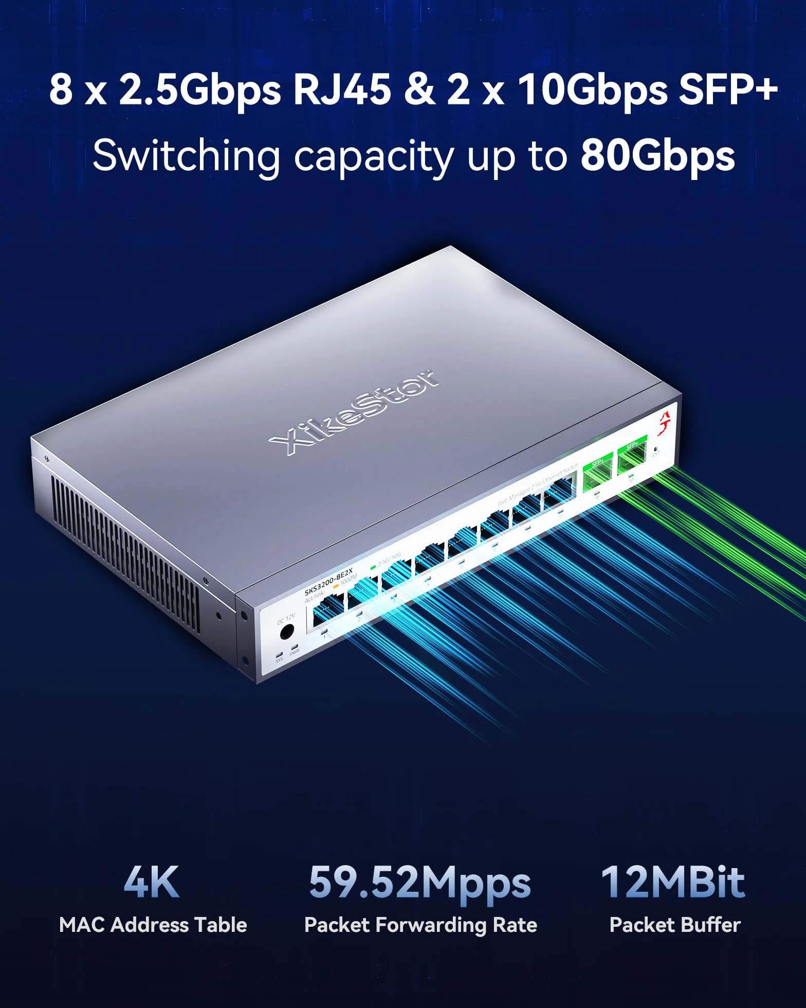 Przełącznik sieciowy zarządzalny z 8 portami 2.5G (zarządzanie przez Web, 8 portów RJ45 100M/1000M/2.5G + 2 porty SFP+ 10G, bez wentylatora, mostkowanie VLAN, na biurko/montowany w racku)