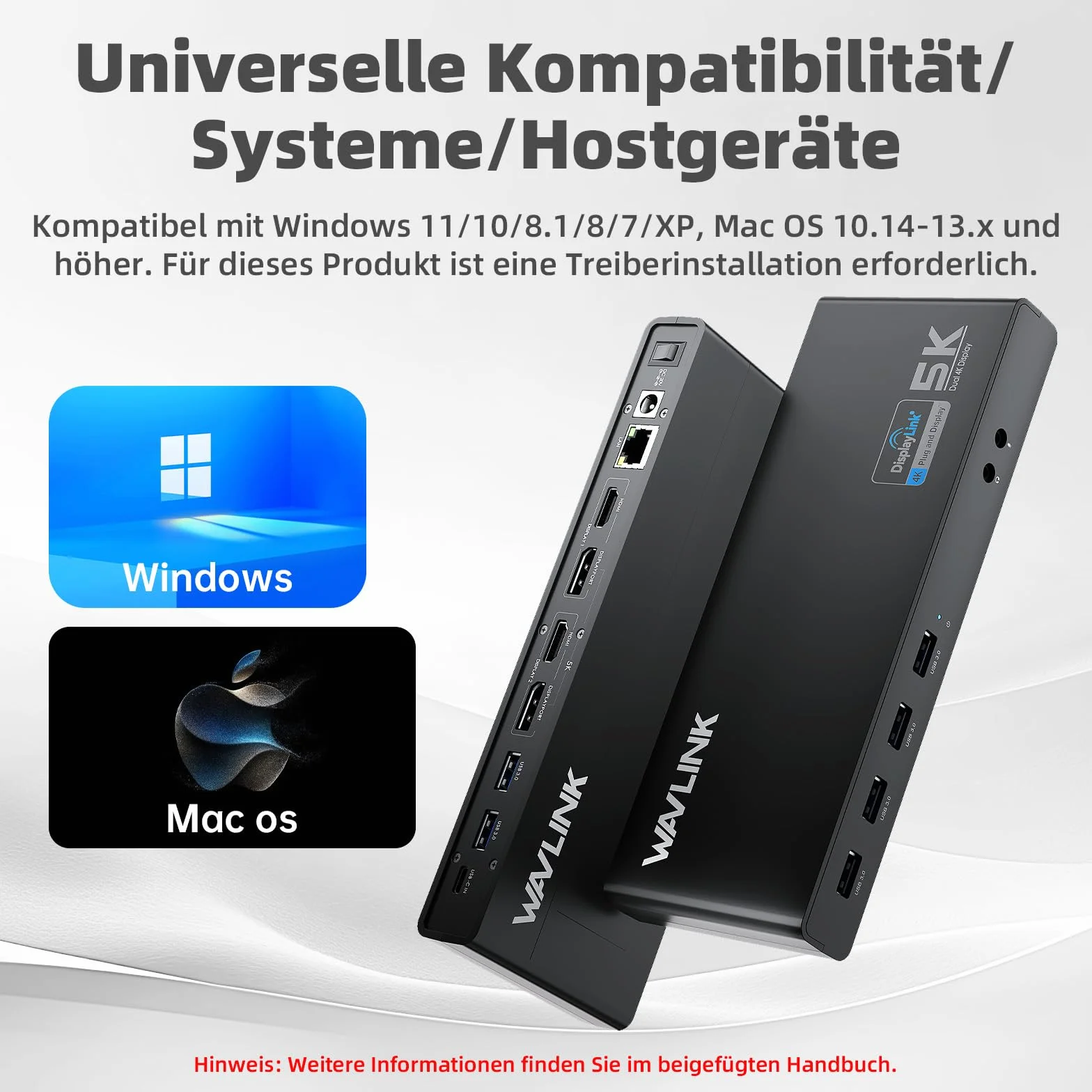 Stacja dokująca DisplayLink, uniwersalna stacja dokująca WAVLINK USB-C z 2 × HDMI i DP, Gigabit Ethernet, 6 × USB 3.0, audio, mikrofon, kompatybilna z Mac OS i Windows