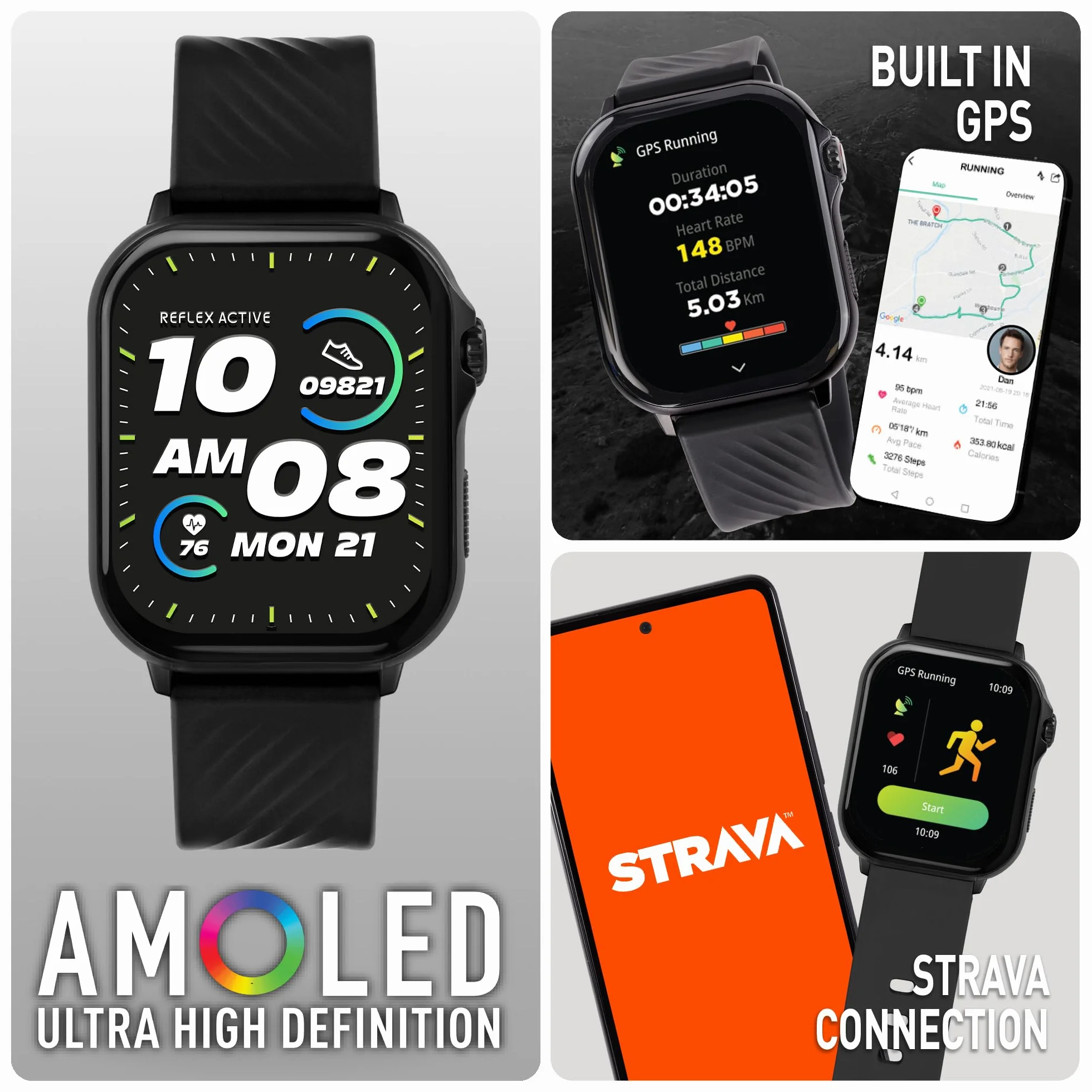 Reflex Active Venture AMOLED GPS Calling czarny pasek Smart Watch