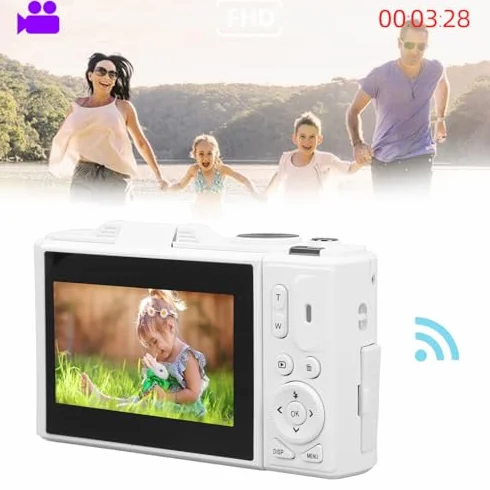 Aparat Cyfrowy, 18-krotny Zoom, Stabilizator 64 MP i Kamera UHD 4K z kartą Pamięci 256 GB, 3-calowy Ekran IPS dla Chłopców, Dziewcząt i Dzieci (WHITE)