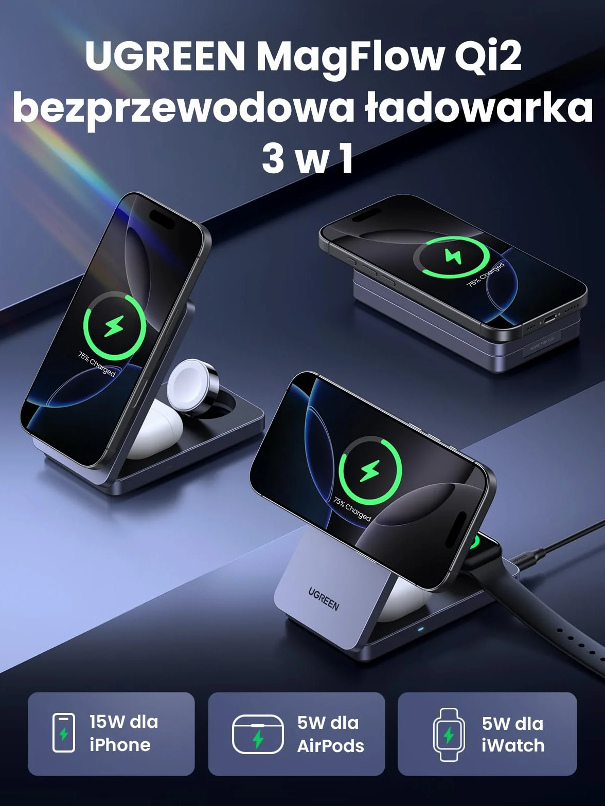UGREEN MagFlow Qi2 15 W 3-w-1 składana stacja ładująca z MagSafe | Certyfikowana, z iPhone'ami 17-12, AirPodsami, smartwatchami, składaną magnetyczną podstawką z ładowarką 30 W i kablem
