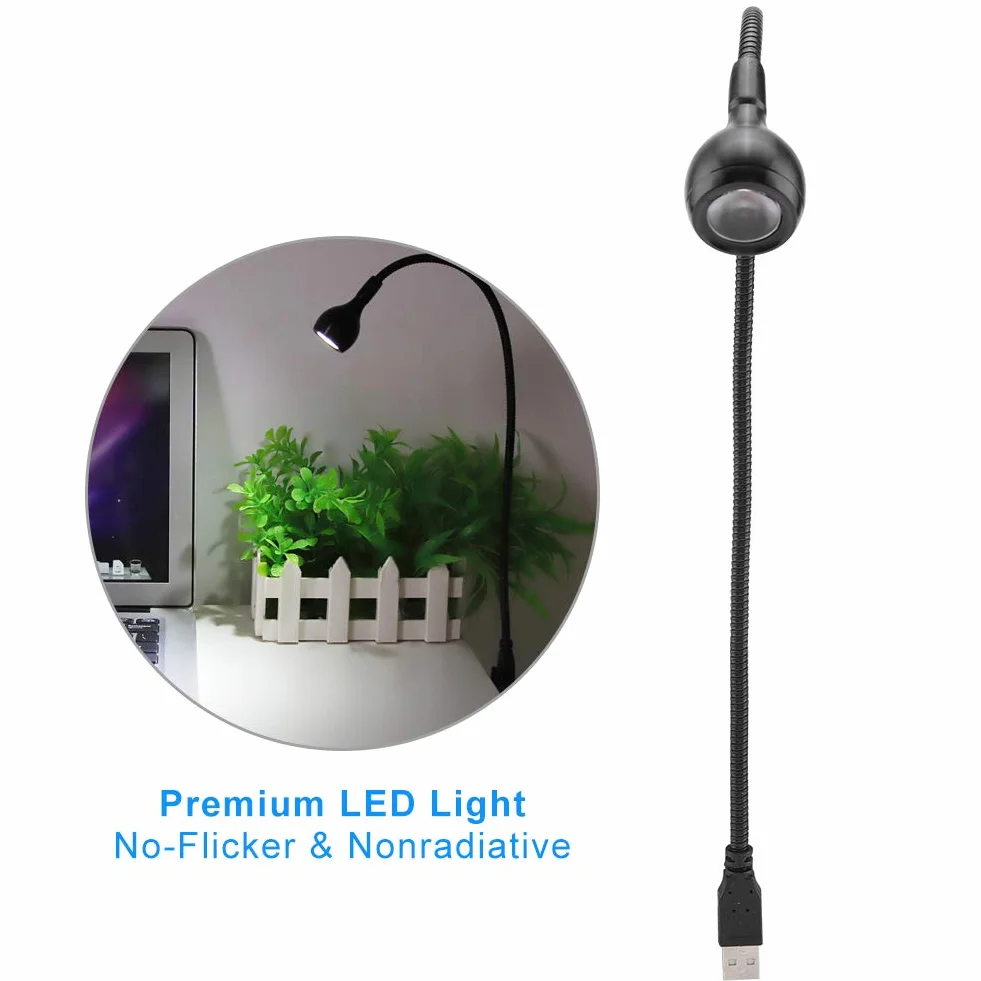 Lampka USB LED z Elastyczną Gęsią Szyją, Przenośna Lampka Biurkowa do Laptopa, PC, MAC, Czarny/Ciepły Biały