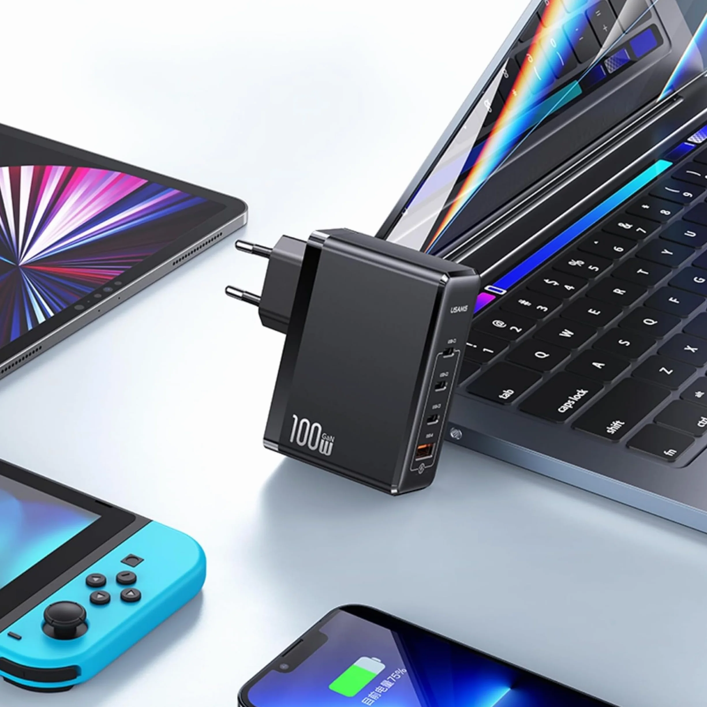 P4Y Ładowarka sieciowa 3XUSB-C+1XUSB US-CC163 T50 Szybkie ładowanie 100W QC3.0/QC2.0/AFC/SCP/FCP/PD3.0 Chip GaN (EU) Czarna