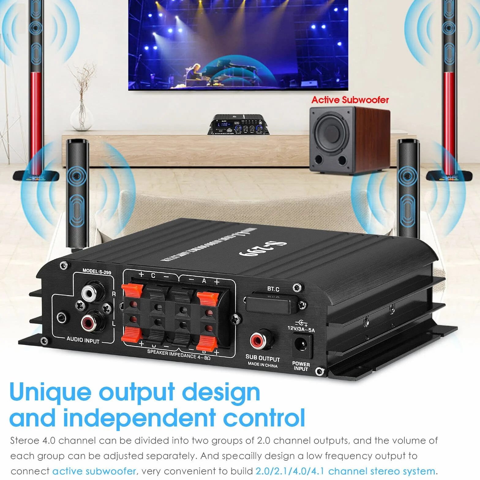 4.0-kanałowy wzmacniacz HiFi Wzmacniacz cyfrowy Bluetooth do domowego/samochodowego wzmacniacza basowego