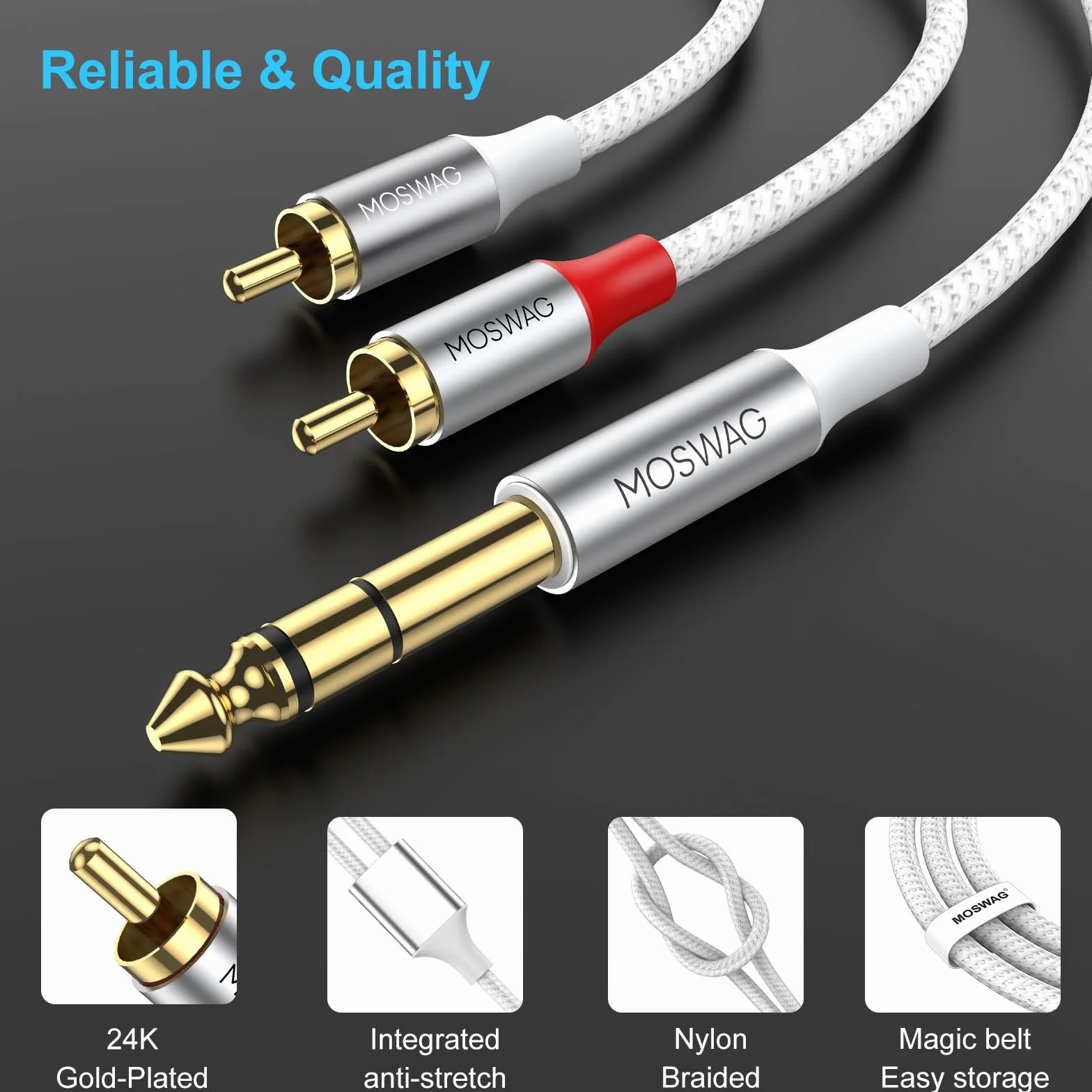 MOSWAG 6,35 mm TRS do Dual RCA kabel audio Y rozdzielacz miedziana obudowa