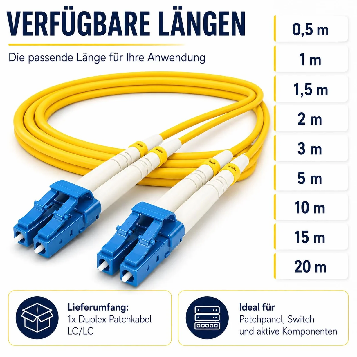 1aTTack.de 1 x 20 m OS1 / OS2 LWL DX DUPLEX kabel krosowy LC/UPC - LC/UPC SM SINGLEMODE - 9/125 µm LSZH żółty