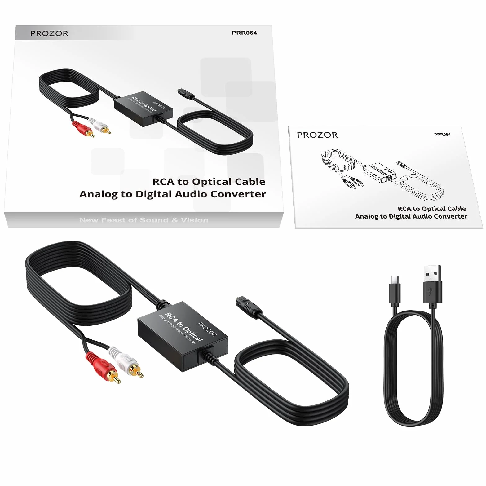 PROZOR Konwerter RCA na SPDIF 2,1 m kabel do optycznego + 1 m kabel RCA Adapter audio do Toslink cyfrowy SPDIF do HDTV gramofonów CD DVD do Soundbara