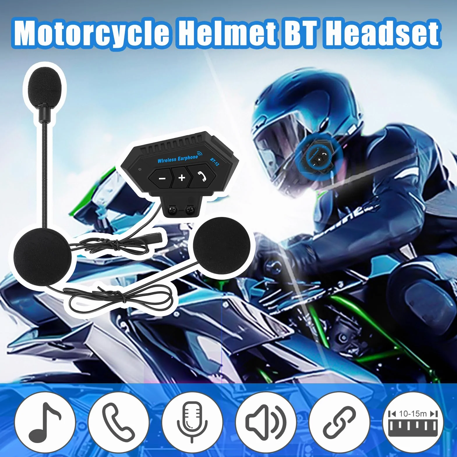 Yosoo Health Gear Zestaw słuchawkowy Bluetooth do kasku motocyklowego, kask motocyklowy, zestaw słuchawkowy Bluetooth, akcesoria motocyklowe, akcesoria z bateriami do głośników, sterowanie