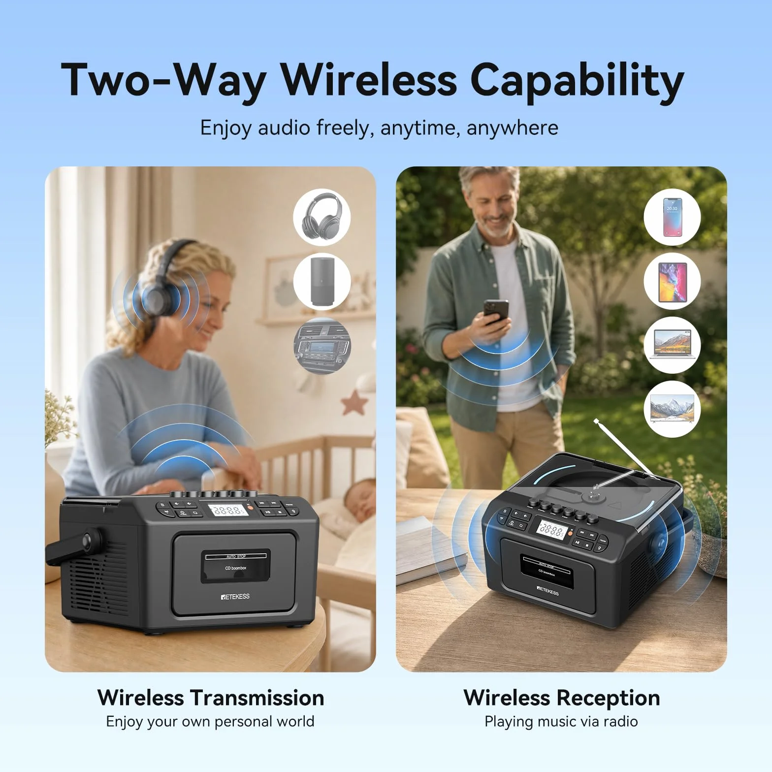 Retekess TR642 Przenośny Odtwarzacz CD Boombox | Do Rozrywki Domowej, Bezprzewodowe Połączenie, Porty USB/AUX/TF, Ładowalny Akumulator, Podświetlenie Nastrojowe, Z Pilotem
