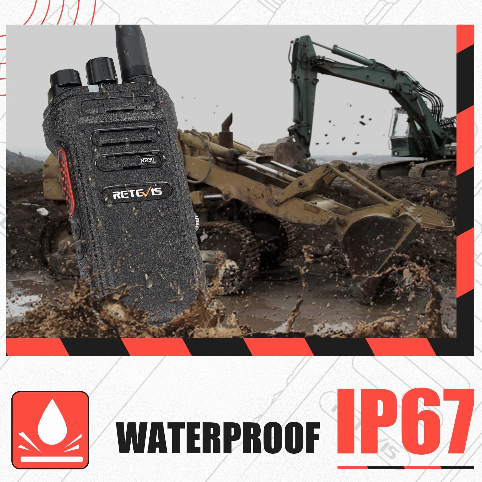 Retvis NR630 Walkie Talkie dla Dorosłych, Długi Zasięg, IP67 Waterproof 2 -Way Radio, Anulowanie Szumów, Połączenie Grupowe, 2800 mAh Walkie Talkie na Plac Budowy, Wykonawca (czarny, 3PC)