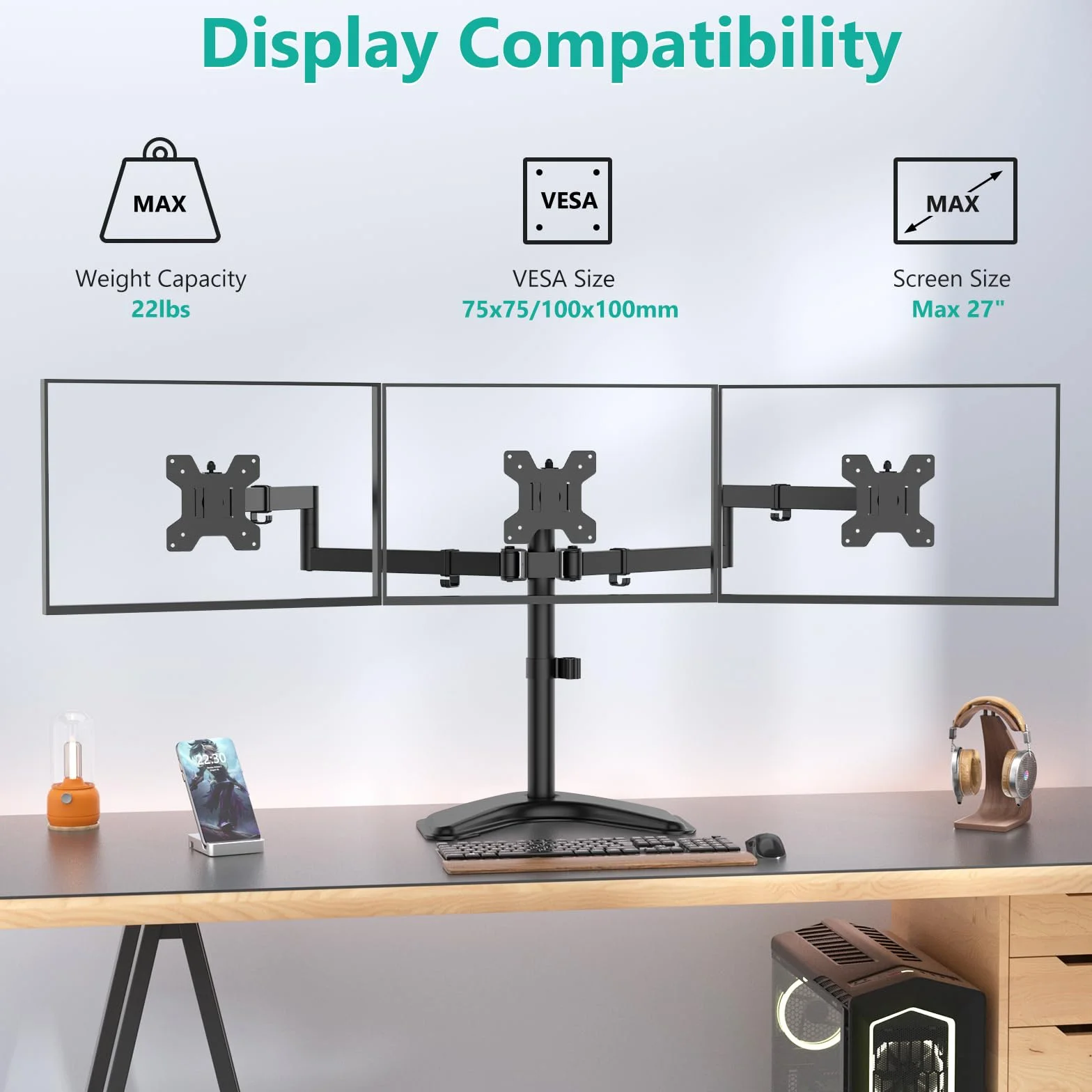 WALI Potrójny stojak na monitor, wolnostojący trzy monitory LCD w pełni regulowany uchwyt biurkowy pasuje do 3 ekranów do 68.6 cm, nośność 10 kg na ramię (MF003), czarny