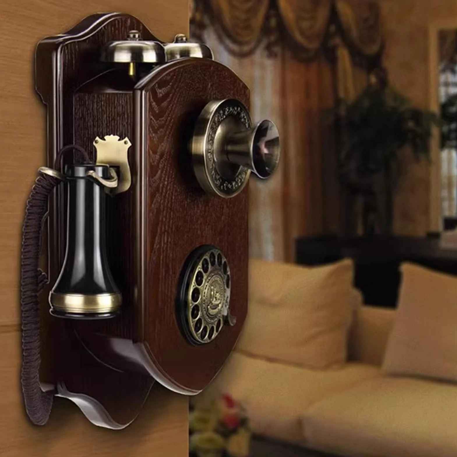 HJMMWT Telefon w stylu retro, staromodne telefony stacjonarne z lat 60. XX w. do domu, biura, vintage, przewodowe z mechanicznym dzwonkiem/ponownym wybieraniem, drewno dla seniorów, czerwony