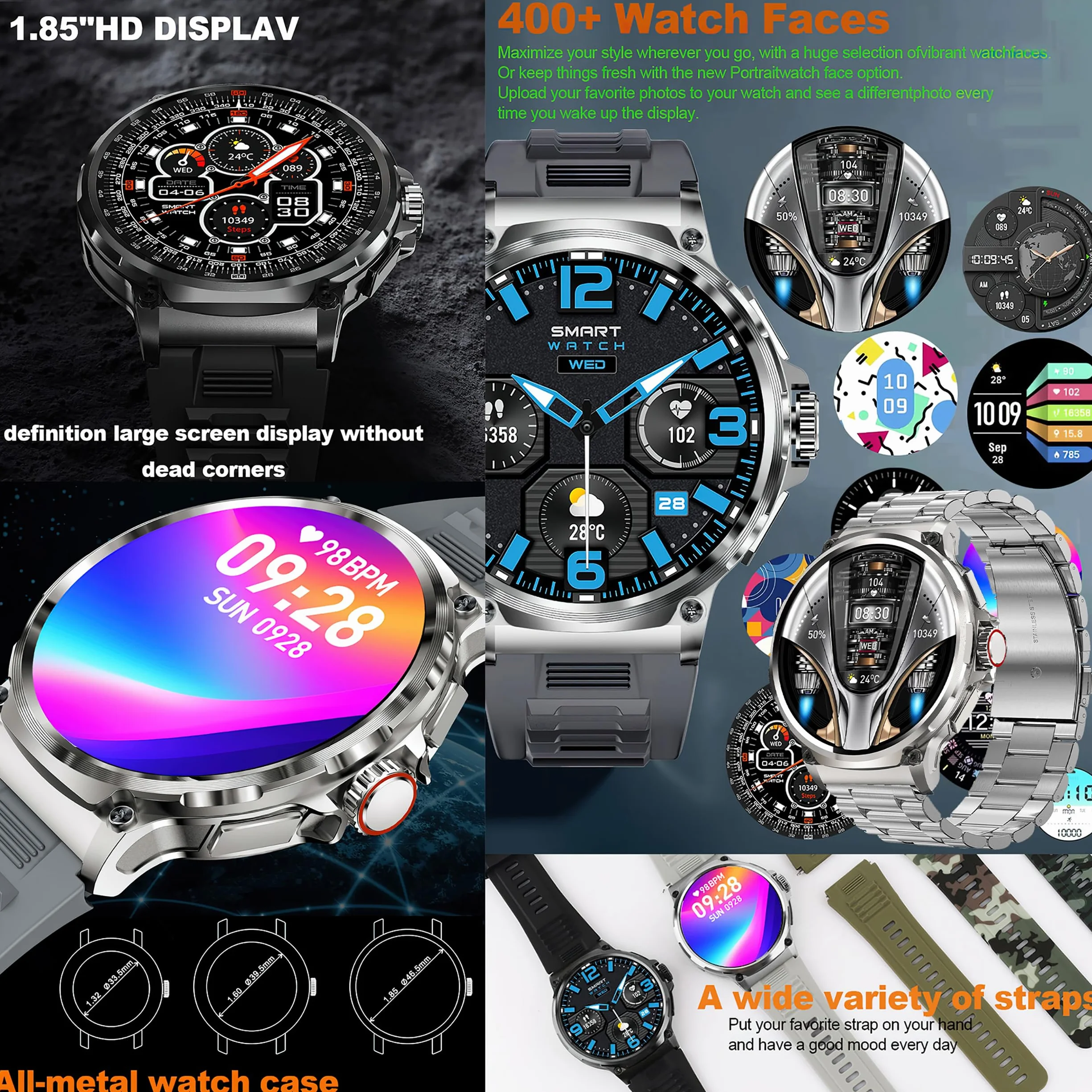 Smart Watch dla mężczyzn z funkcją telefonu, 1,85" AMOLED okrągły ekran, monitor tętna, śpiączki, krokomierz i połączenia telefoniczne