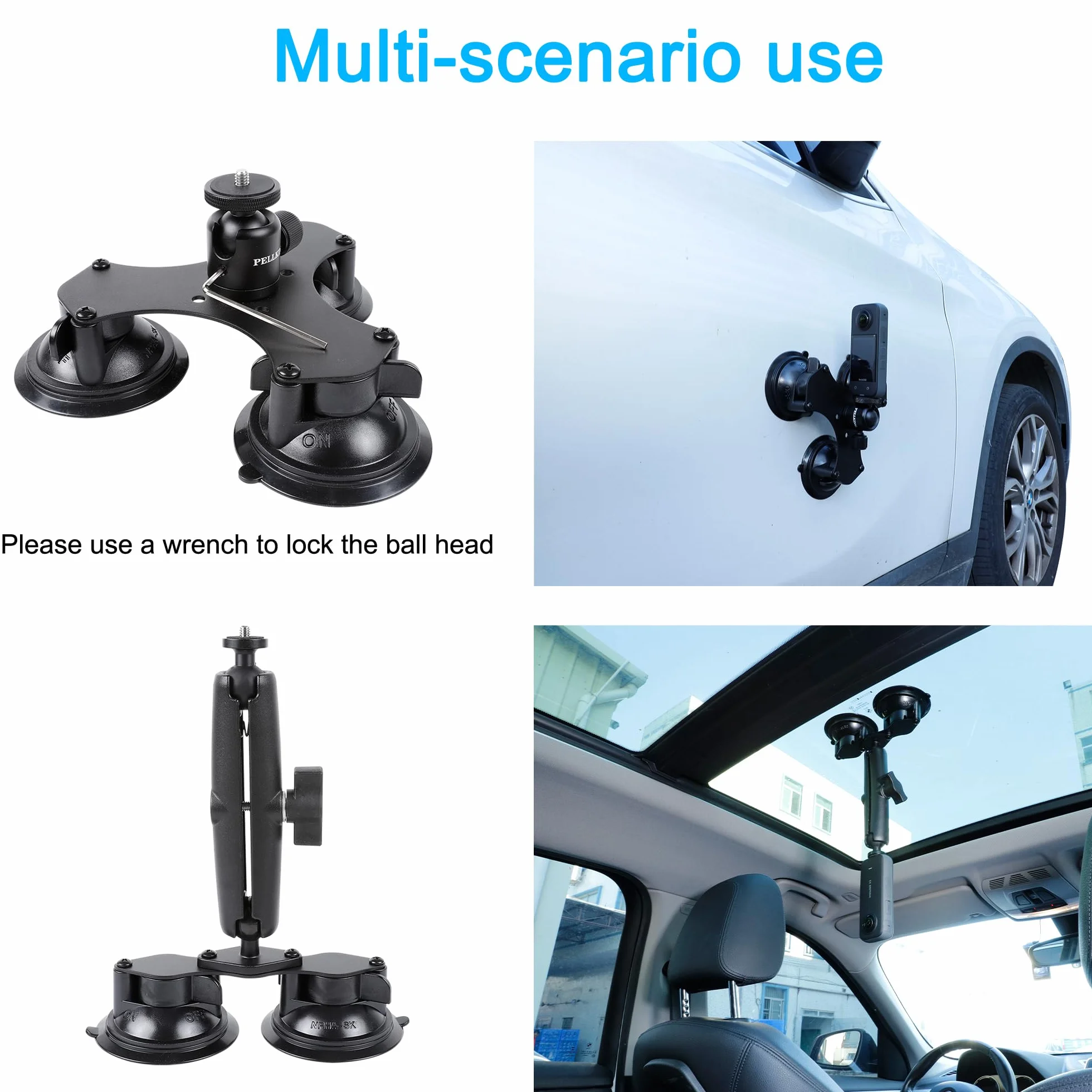 PellKing Uchwyt samochodowy z przyssawką do Insta360 x 5, x4, x3, x2, x, One RS, R, kompatybilny z kamerą GoPro Max DJI OSMO 360 5 w 1, zestaw montażowy do kamer sportowych (zawiera kij do selfie