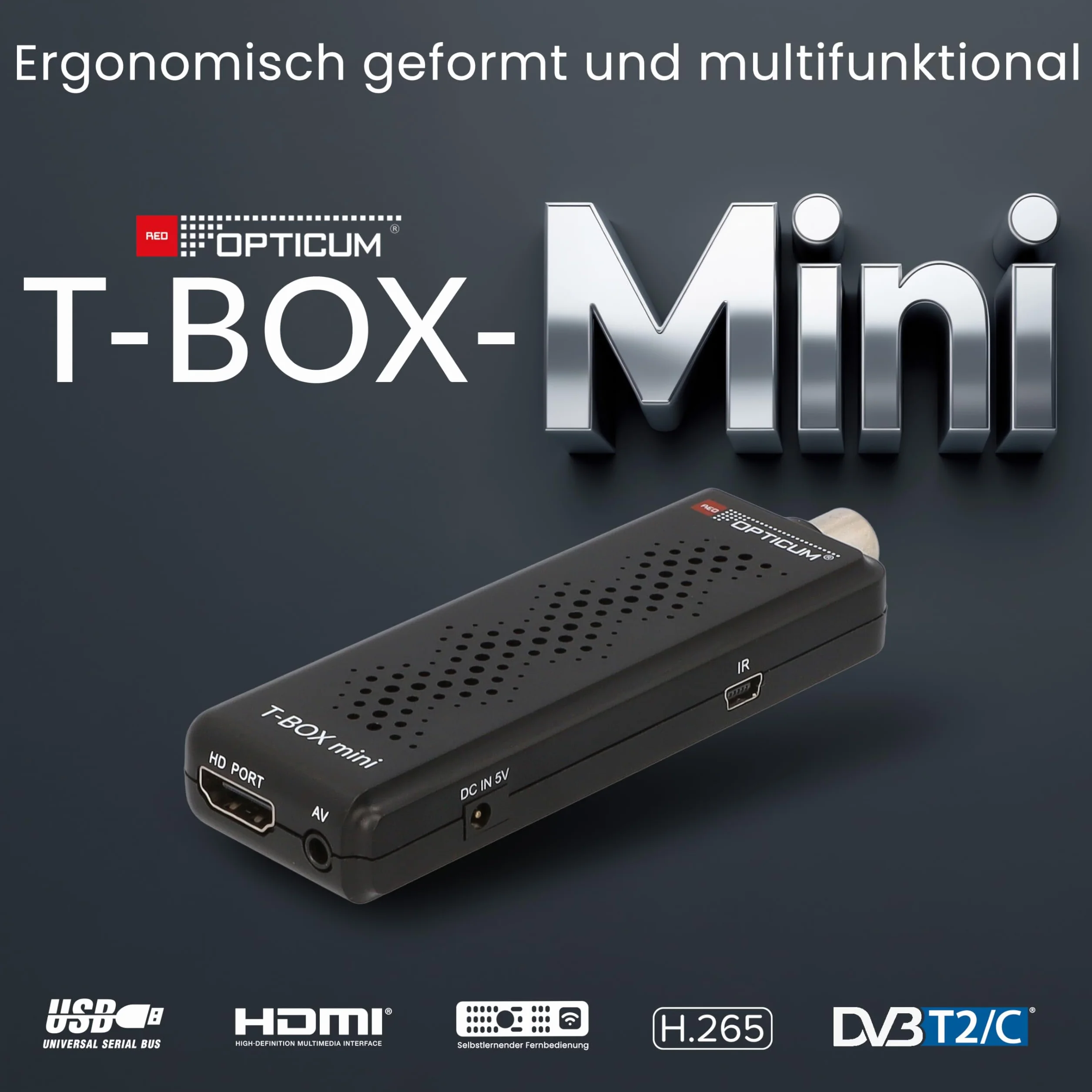 RED OPTICUM T-Box Mini DVB-T2/C cyfrowy odbiornik Full HD, H.265 HEVC, HDMI, USB 2.0, czarny, z pilotem zdalnego sterowania, czujnik podczerwieni, EPG, teletekst, funkcja PVR, 115 x 37 x 17 mm