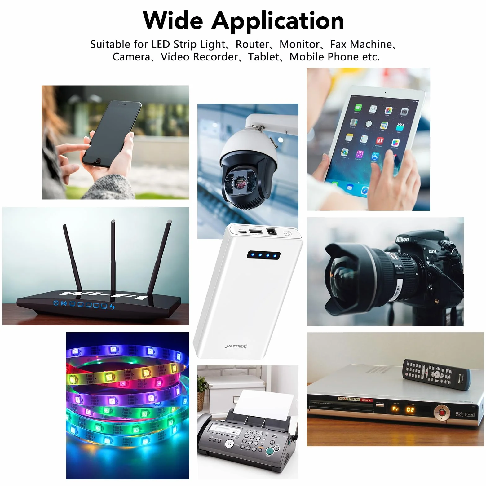 NASTIMA Power Bank 12 V 5200 mAh 56,16 Wh akumulator litowo-jonowy z wyjściem 12 V DC i 12 V 5 V USB-A QC3,0 45 W typu C potrójne wyjście do taśm LED, kamer CCTV, kamer, lornetek