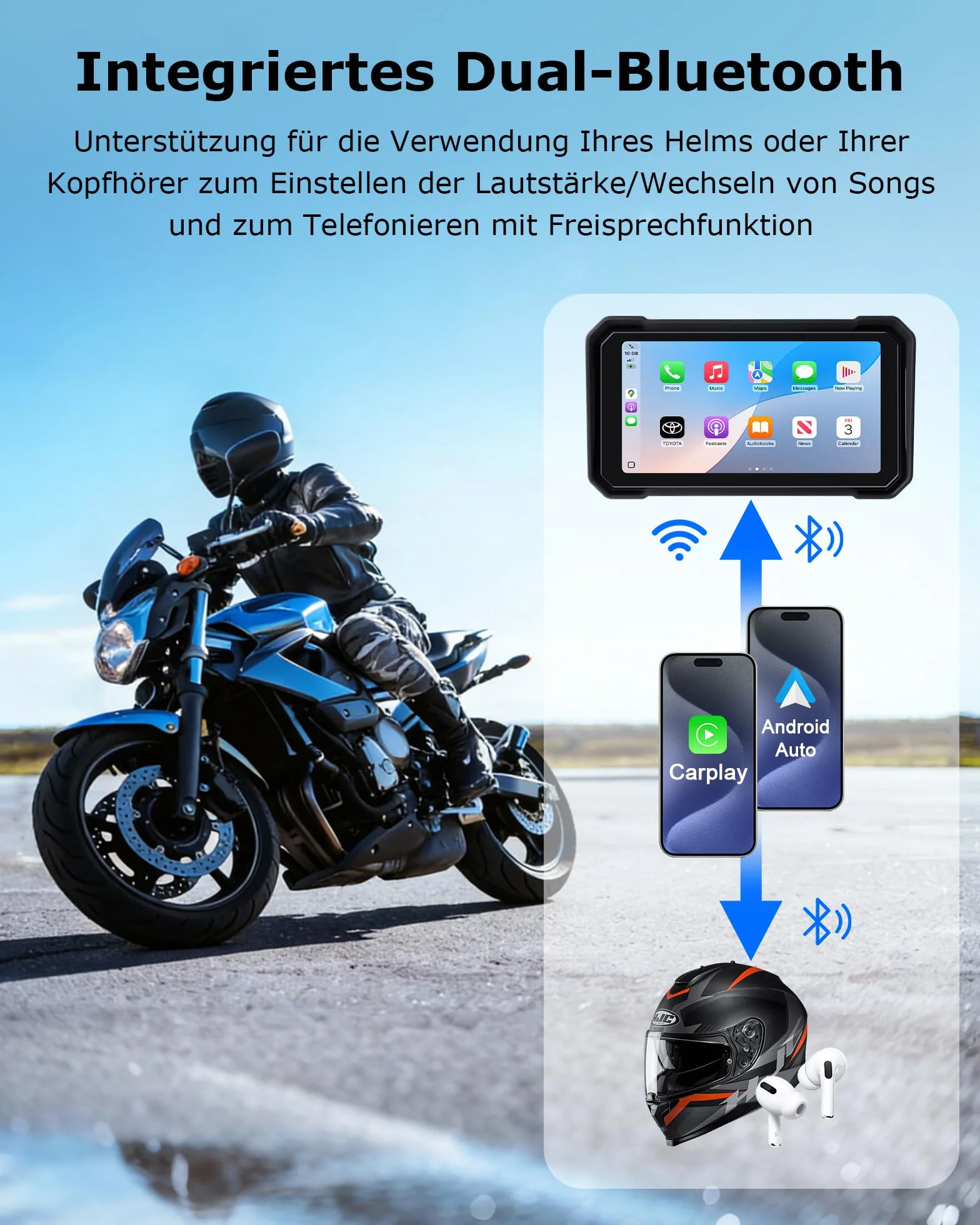 6,3" CarPlay ekran samochodowy do motocykla, z systemem Android, wodoszczelność IP67 | Motocykl wyświetlacz GPS nawigacja do motocykla Siri/Google Assistant obsługa Bluetooth