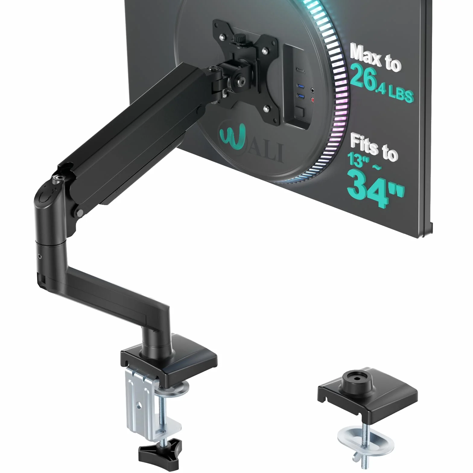 WALI Pojedyncze ramię monitora do ekranów 17-34 cali, ergonomiczne ramię do monitora ze sprężyną gazową do 12 kg, regulowany stojak na monitory komputerowe z zaciskiem i podstawą przelotki, VESA 75