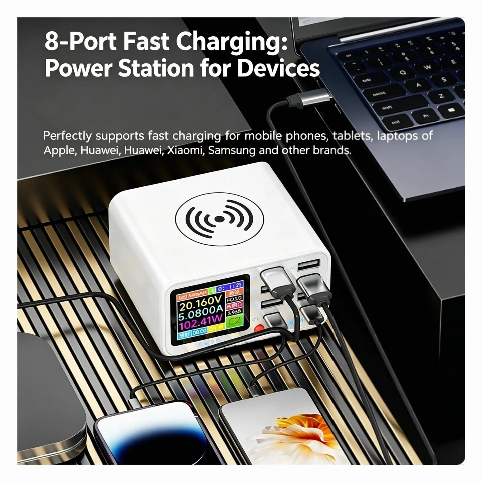 Cuifati Stacja ładowania Bezprzewodowego USB, 65W 8 Port Stacja ładowarka USB z Wyświetlaczem Ekranu, Multi Urządzenia Inteligentna Organizator Komputerów (wtyczka UE)