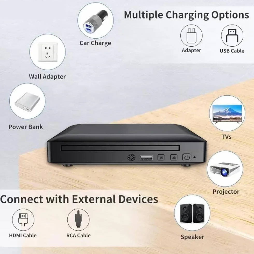 Przenośny odtwarzacz DVD, Odtwarzacz Mini DVD z kablem HD i RCA Przenośny odtwarzacz CD 1080P PAL/NTSC USB 2.0