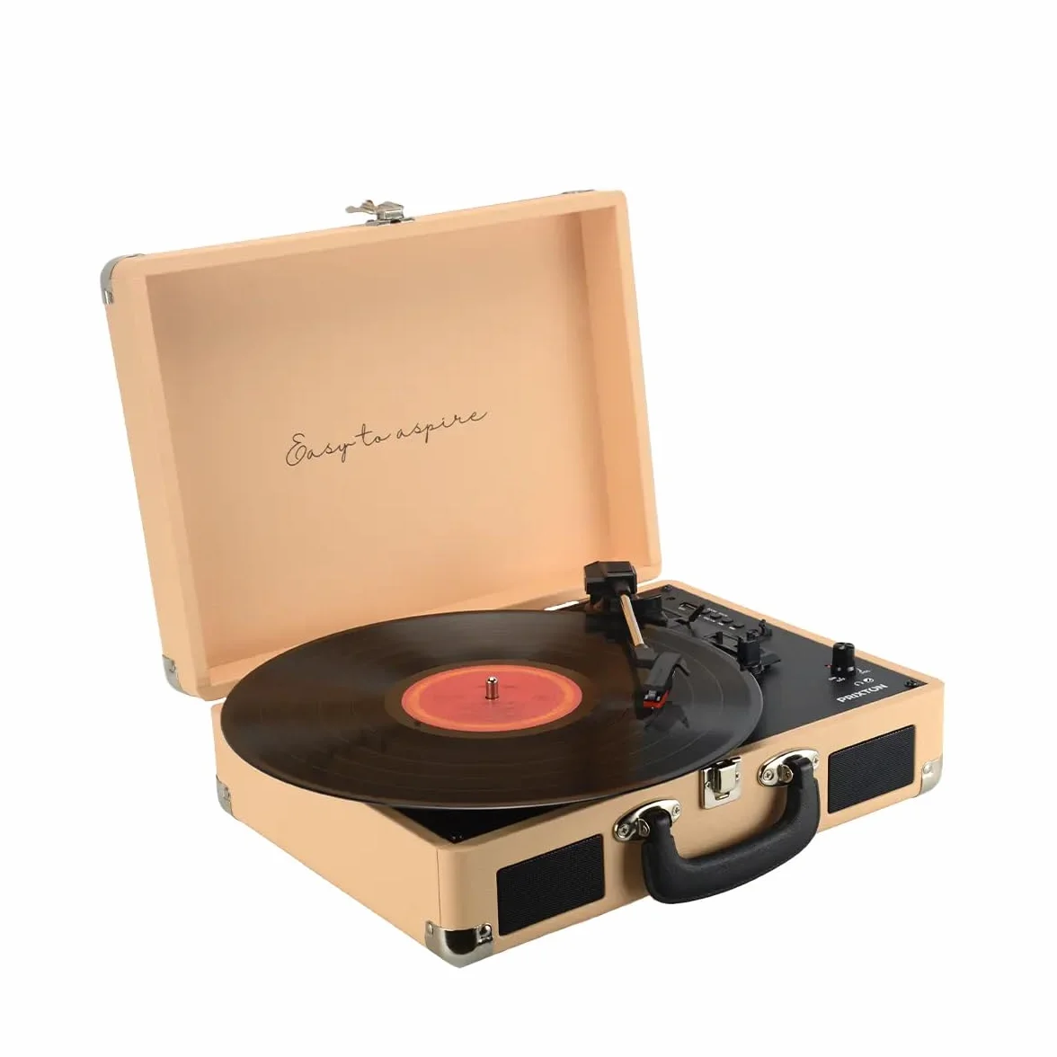 PRIXTON VC400 odtwarzacz płyt winylowych w stylu vintage, odtwarzacz winylu, odtwarzacz muzyki przez Bluetooth i USB, 2 wbudowane głośniki, konstrukcja walizki, pomarańczowy