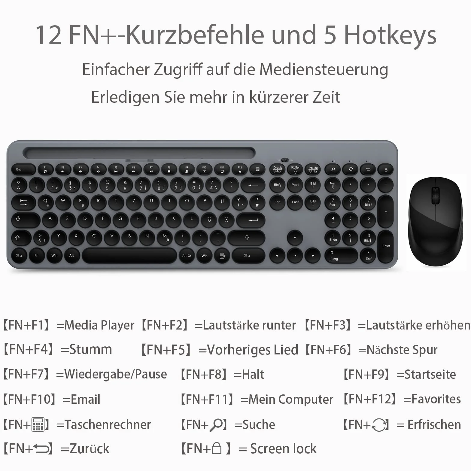 LeadsaiL Zestaw bezprzewodowej klawiatury, ergonomiczna mysz i klawiatura, bezprzewodowa klawiatura i mysz w standardowym rozmiarze, niemiecki układ QWERTZ, cichy przycisk kliknięcia, 12 klawiszy FN