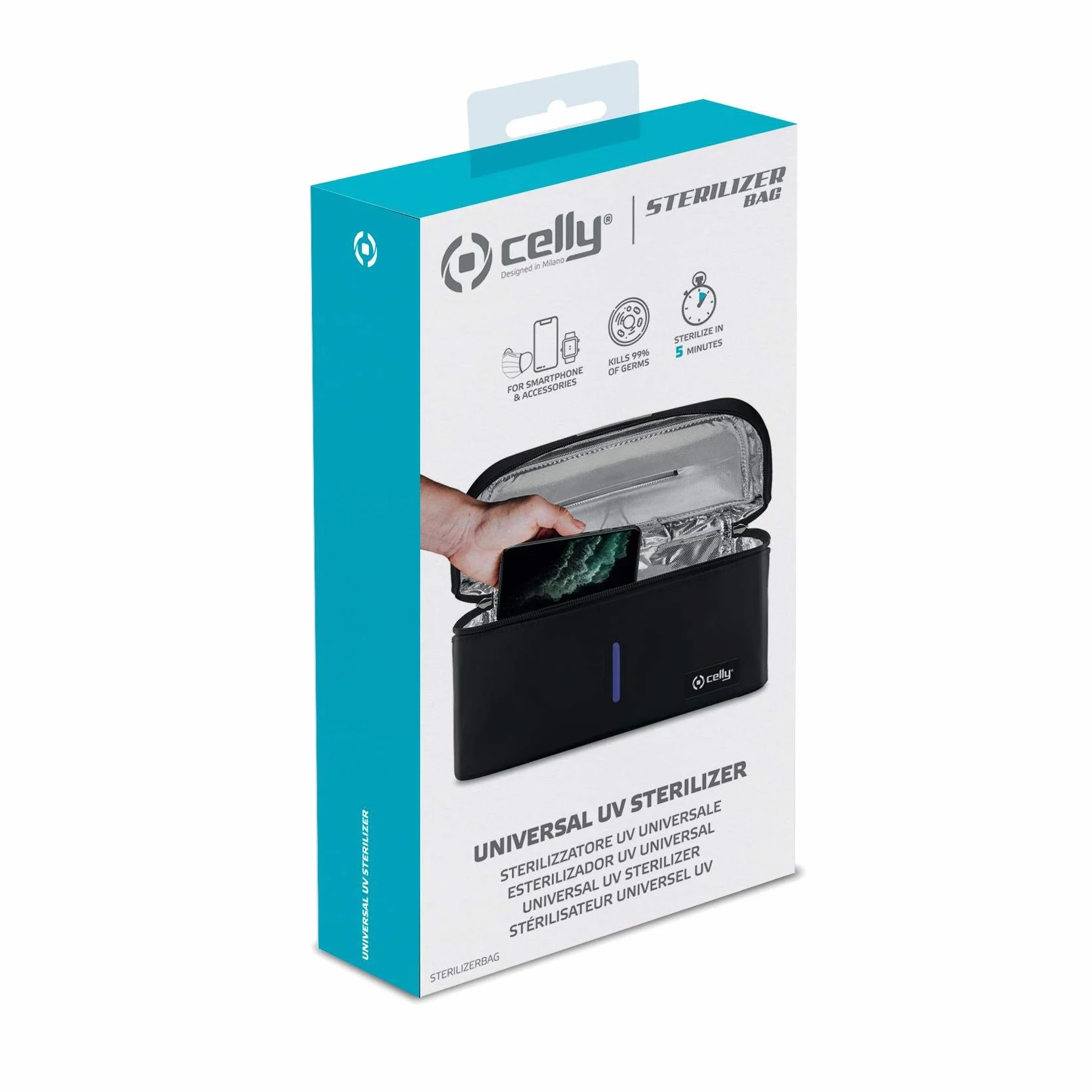 Celly Przenośna uniwersalna maszyna do sterylizowania promieni UV (certyfikat), torba do dezynfekcji z promieniami UV-C do smartfonów i akcesoriów, tabletów do 8", zegarków, masek, rękawiczek.