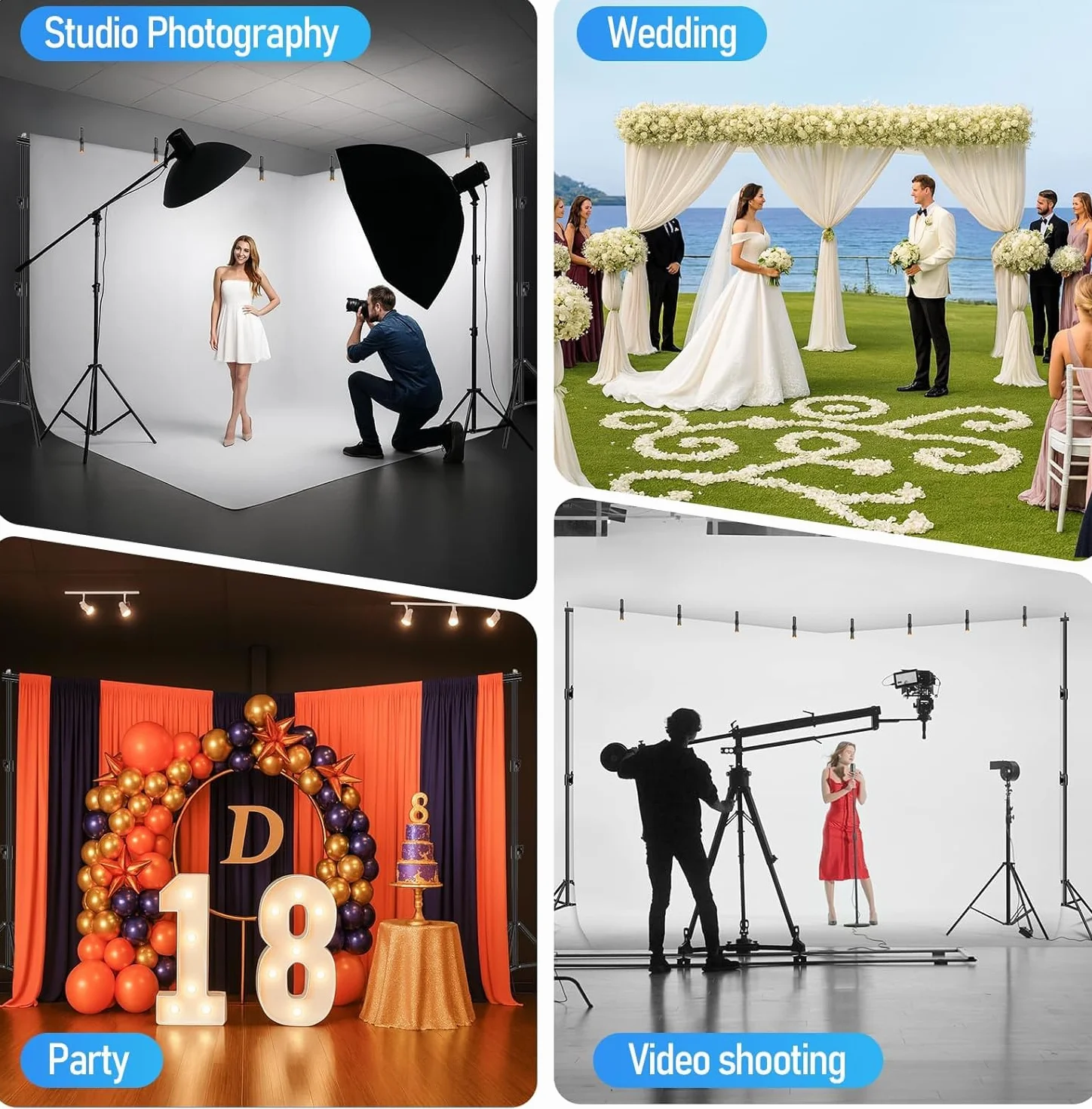 EMART Studio fotograficzne, 6 m szerokości, 3 m wysokości, regulowany, wytrzymały stojak na tło fotograficzne, zestaw systemu wsparcia tła z 3 stojakami, 8 zaciskami sprężynowymi, 1 torba do