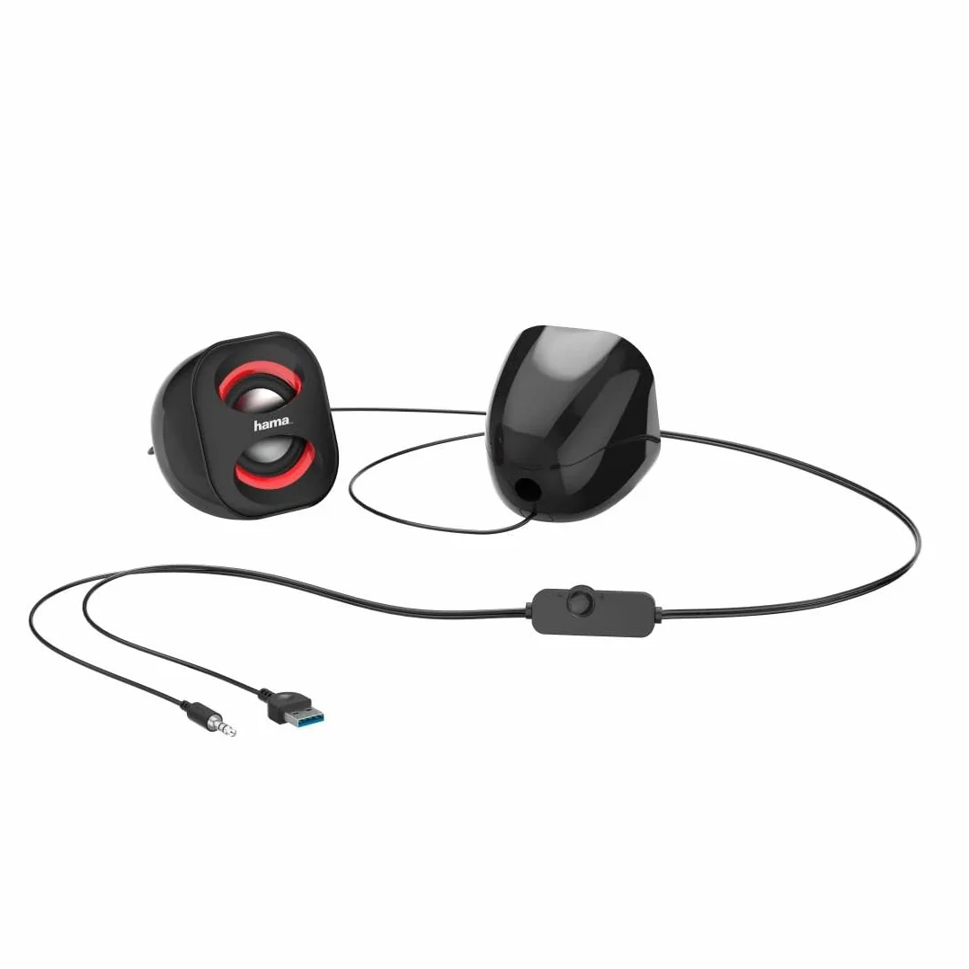 Hama Przewodowe głośniki do laptopa "Sonic Mobil 183" (Jack 3,5mm, regulator głośności, stereo, 120-20000 Hz, 7,2 x 7,5 x 8,2 cm) czarne/czerwone