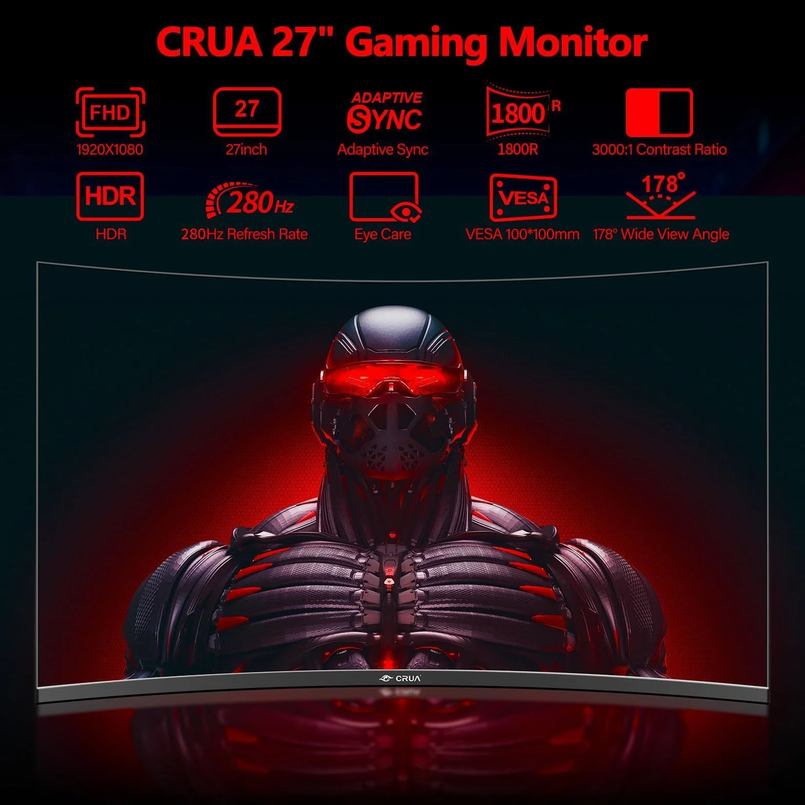 CRUA Curved Gaming-Monitor 27 Zoll 280Hz, FHD 1080P 1800R PC-Monitor, 1 ms GTG mit FreeSync, geringe Bewegungsunschärfe, Augenschutz, VESA, DisplayPort, HDMI, Schwarz