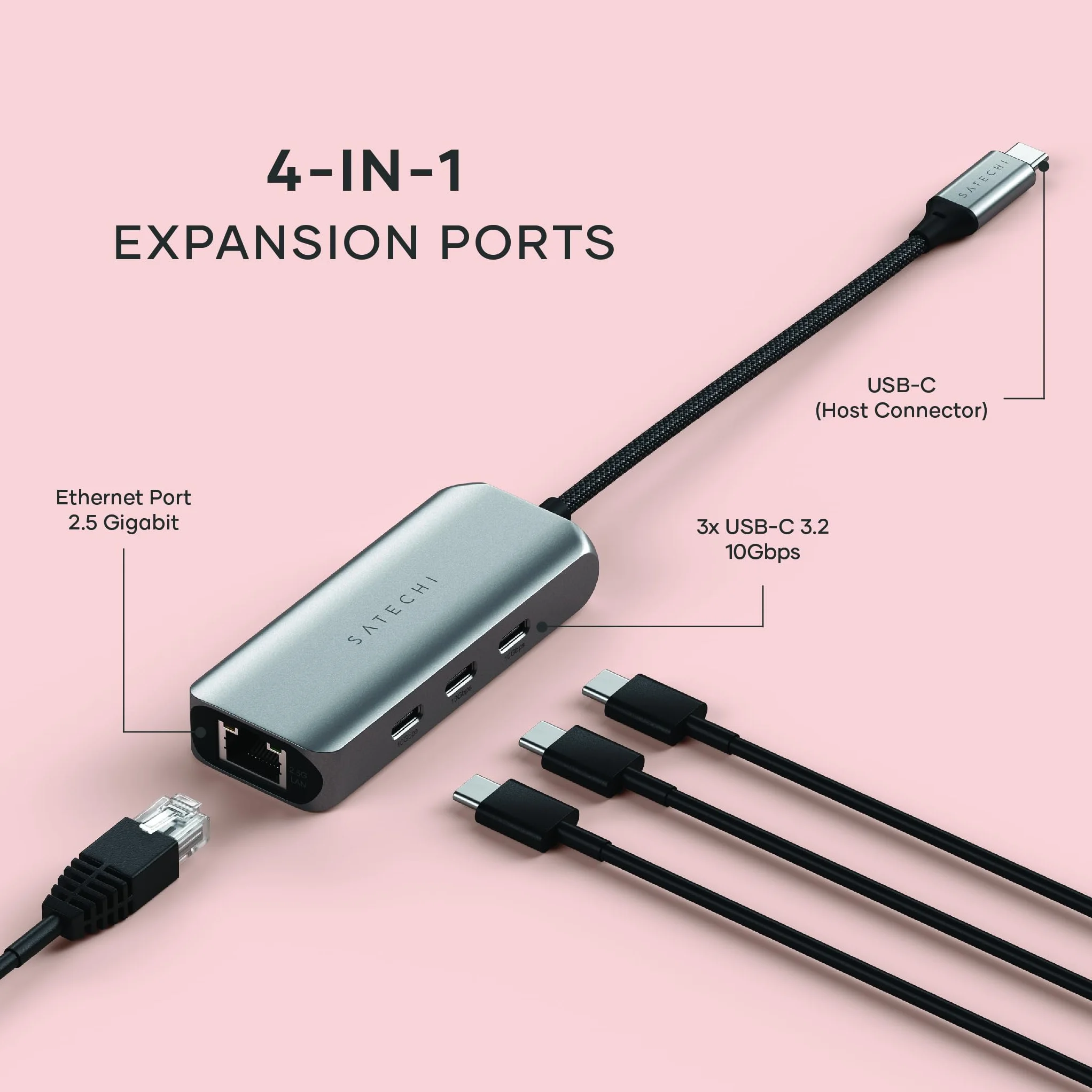SATECHI hub USB-C 4 w 1 z portem Ethernet 2,5 Gb/s | 3 porty USB-C 3.2 do 10 Gb/s, port Ethernet 2,5 Gb/s, Plug and Play, do MacBooka, laptopów i iPada