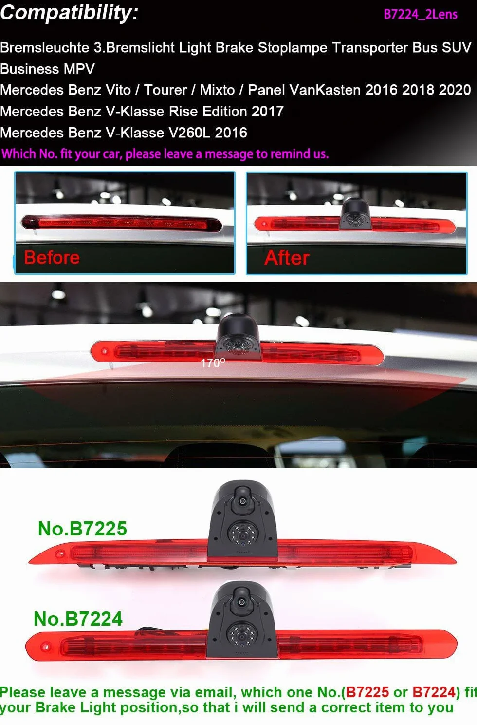 Podwójna kamera cofania z wyświetlaczem LCD 7", podwójna kamera cofania, światło hamowania, kamera cofania do Mercedesa Benz Vito Tourer Mixto Panel Van - klasa Rise Edition V- klasa V- klasa V260L