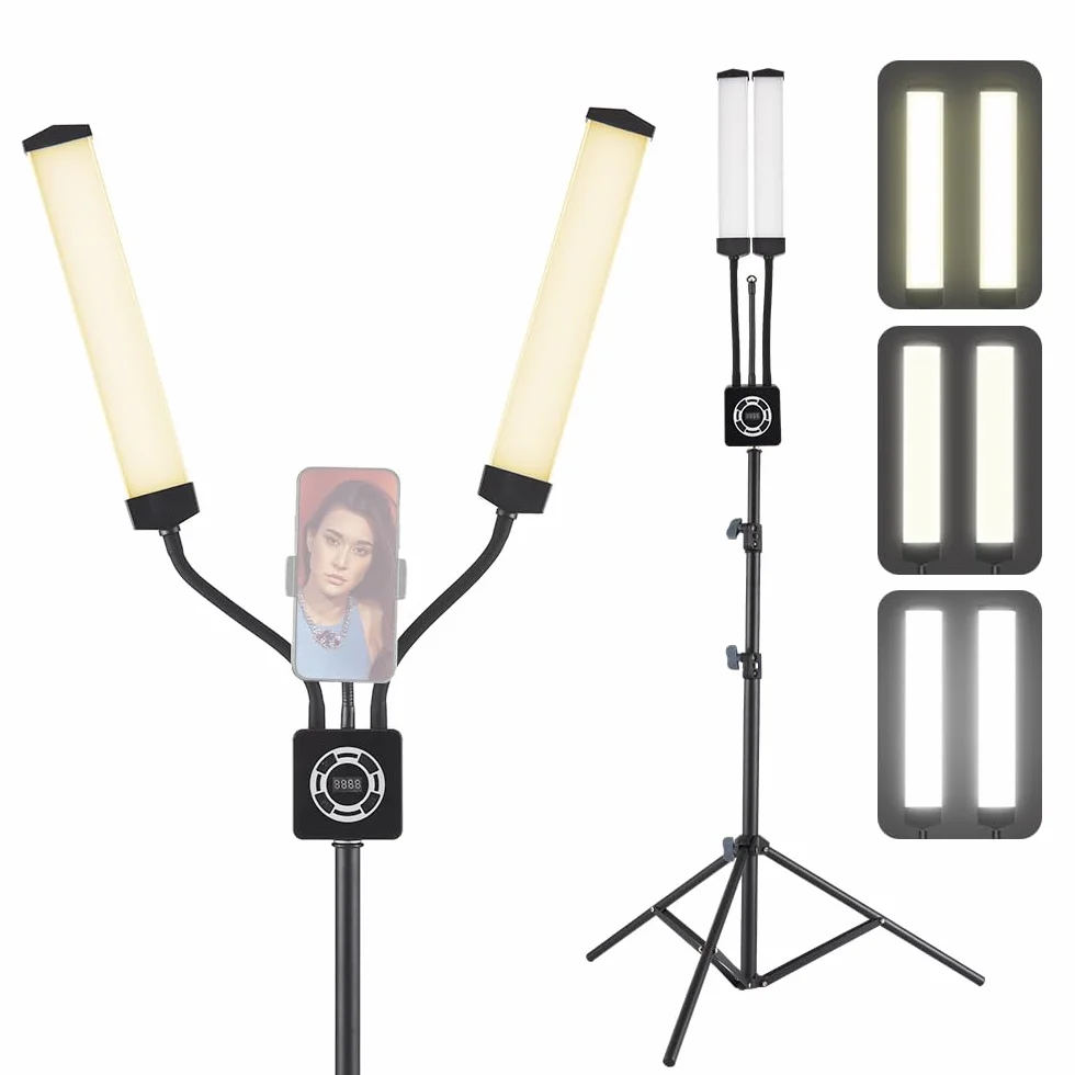 Andoer Zestaw świateł LED 50W 3200K-5600K podwójne ramię wypełnione LED oświetlenie studyjne klip do telefonu, statywu i zdalnego sterowania do fotografii makijaż rzęsy brwi tatuaż