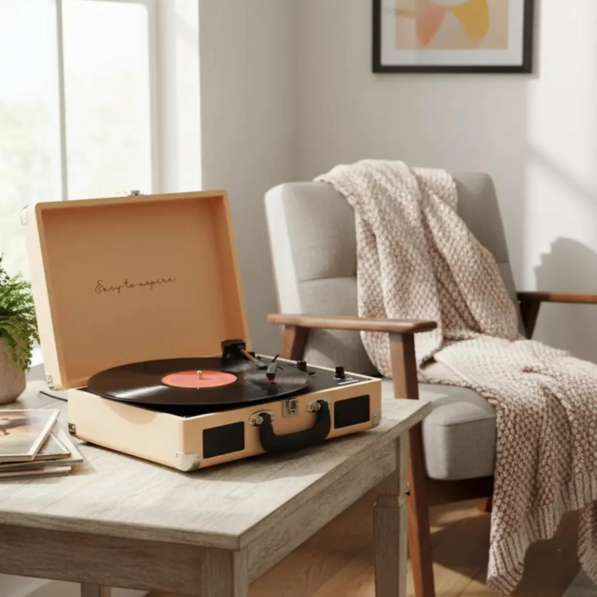 PRIXTON VC400 odtwarzacz płyt winylowych w stylu vintage, odtwarzacz winylu, odtwarzacz muzyki przez Bluetooth i USB, 2 wbudowane głośniki, konstrukcja walizki, pomarańczowy