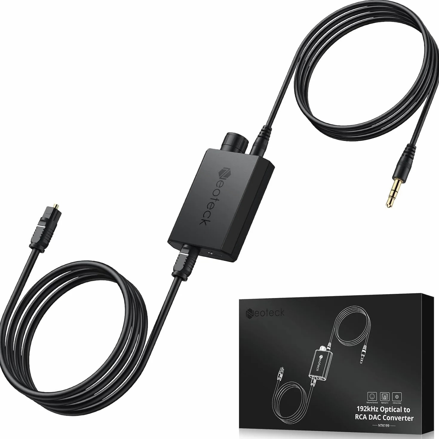 Neoteck Konwerter cyfrowy na analogowy 192 kHz z regulacją głośności, konwerter optyczny na 3,5 mm z wbudowanym chipsetem wzmacniacza, konwerter DAC, kompatybilny ze słuchawkami 3,5 mm, głośnikiem