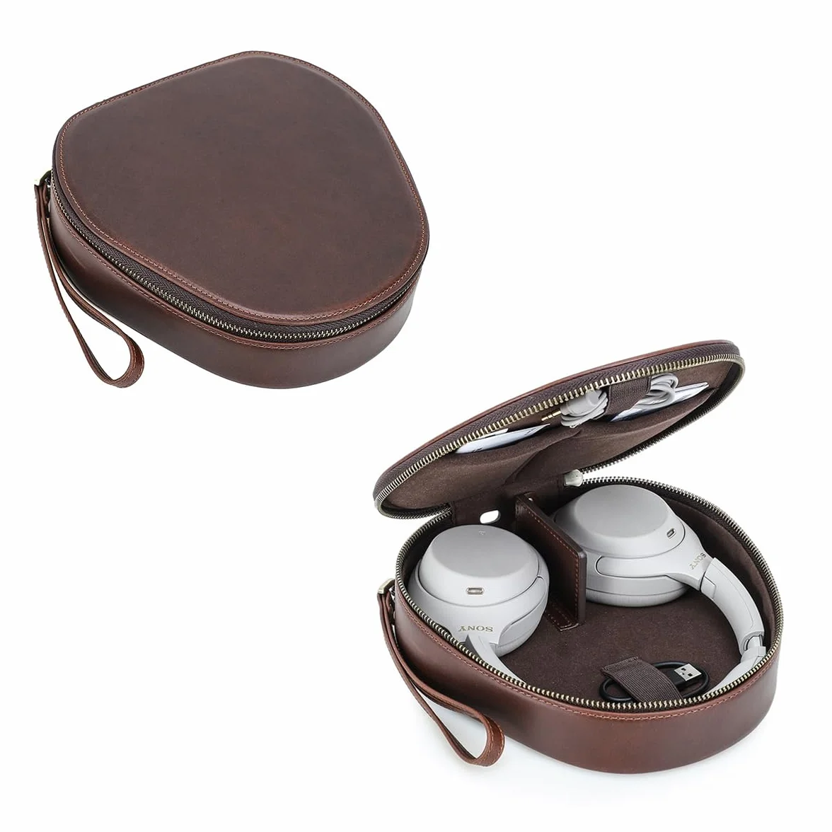Etui na słuchawki z prawdziwej skóry kompatybilne z Sony WH-1000XM6, WH-1000XM5, WH-1000XM4, przenośne bezprzewodowe etui do przechowywania słuchawek, ręcznie robione etui ochronne ze skórzanym