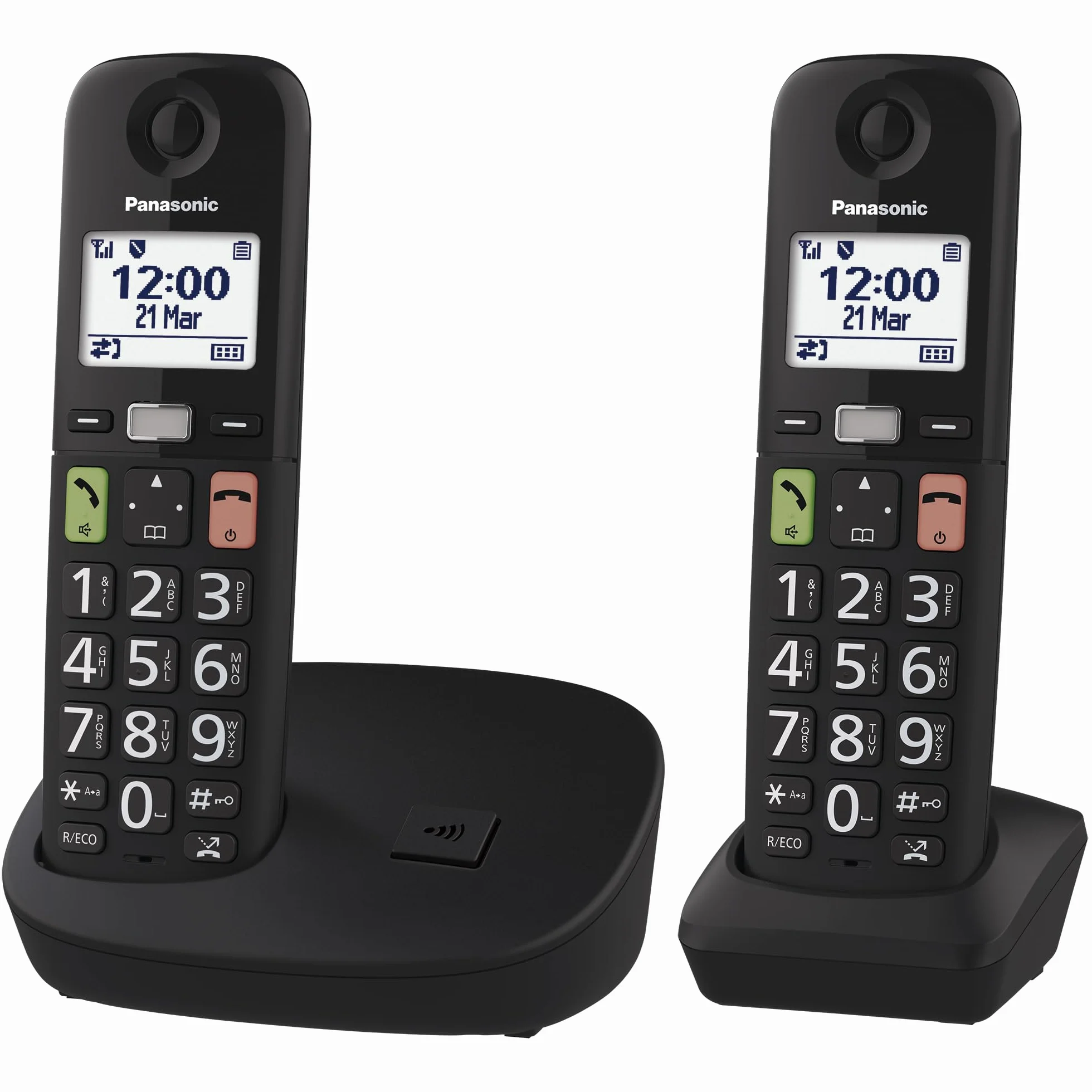 Panasonic KX-TGU112EXB Bezprzewodowy telefon cyfrowy z automatyczną sekretarką, jednostką podstawową i 2 słuchawkami, wyświetlaczem LCD, dużymi klawiszami, ulubionymi połączeniami, kompatybilny z