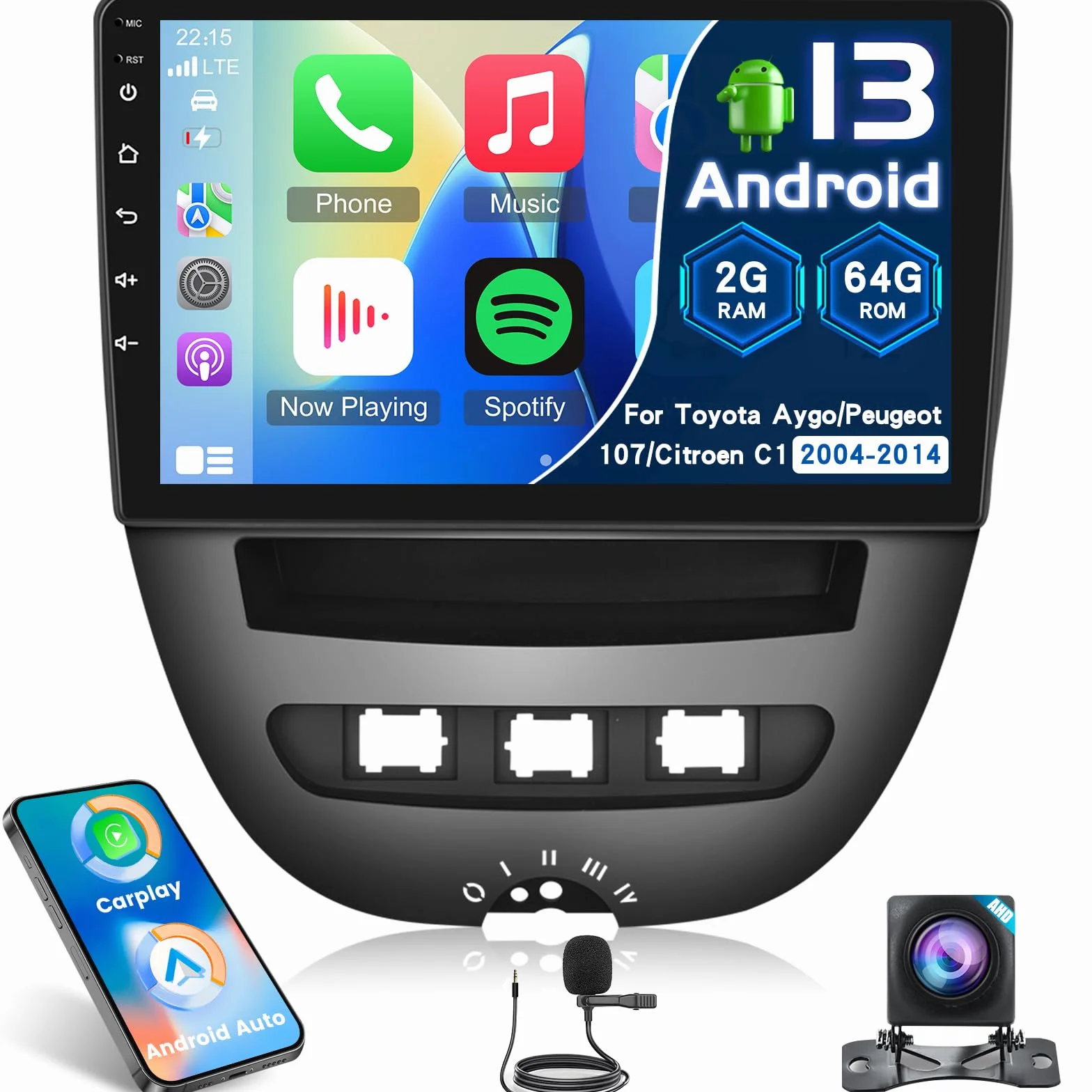 Radio samochodowe 2G+64G Android 13 do Toyota Aygo/Peugeot 107/Citroen C1 2004-2014, 10,1-calowy ekran dotykowy stereo, bezprzewodowe Carplay i Android Auto/GPS/WiFi/Bluetooth/EQ/FM RDS Radio