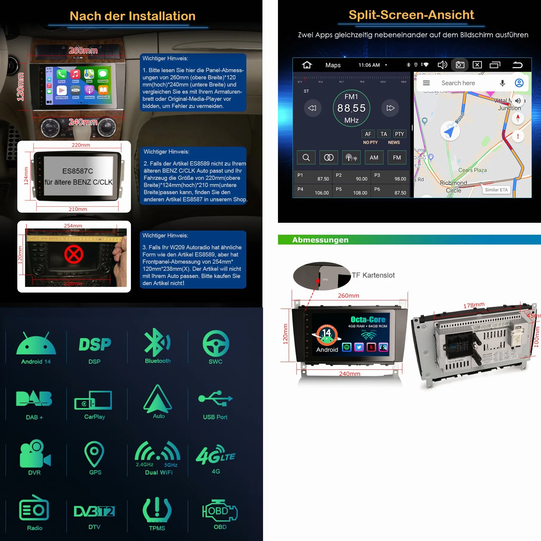 Erisin 8-rdzeniowy 8-calowy Android 14 nawigacja samochodowa stereo GPS dla Mercedes Benz klasa C/CLC W203 G klasa W463 wsparcie CarPlay Android Auto Bluetooth WiFi DSP TPMS FM Dab+ 4 GB RAM+64 GB ROM