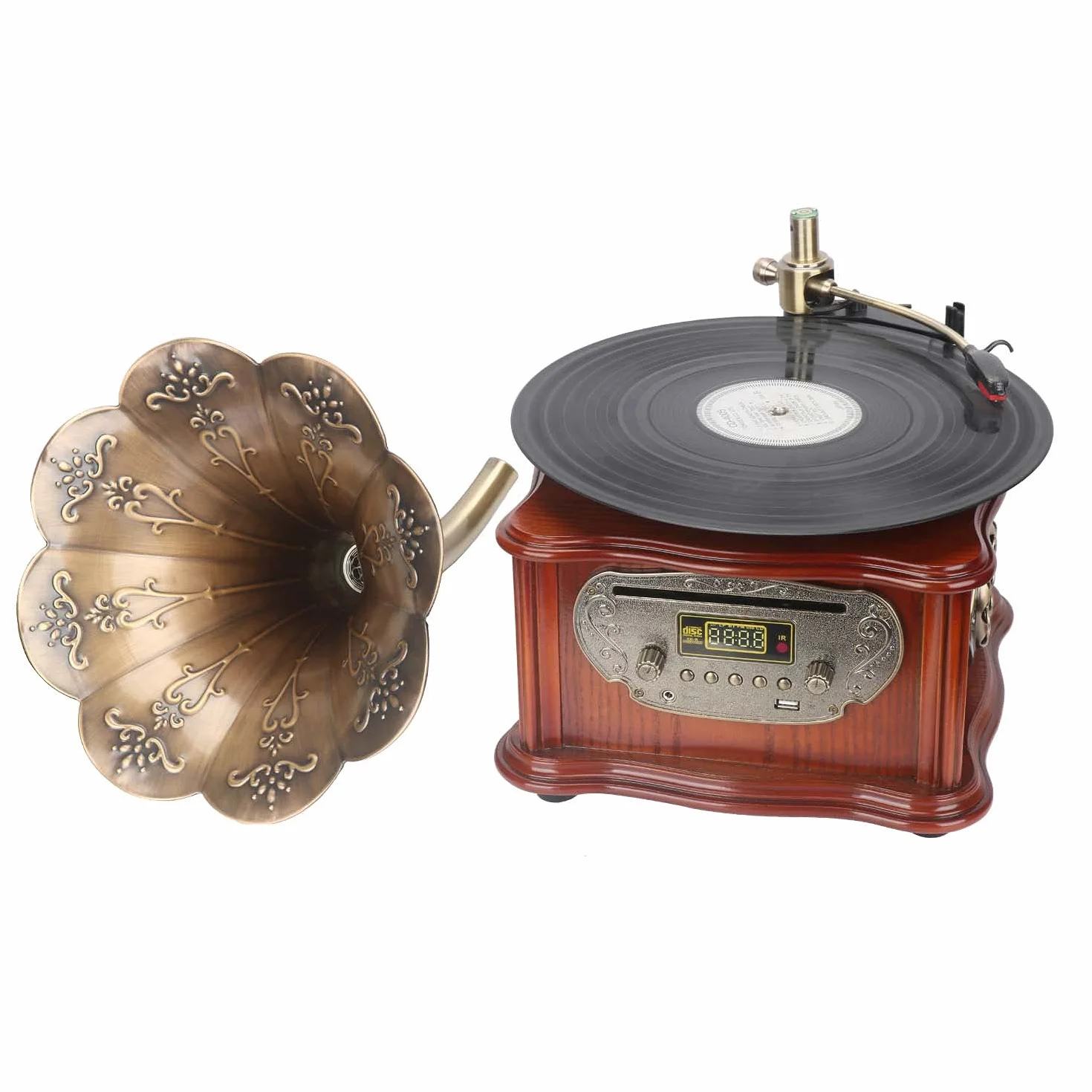 Vintage gramofon - Bluetooth, USB, radio FM, miedziany róg do odtwarzania płyt LP