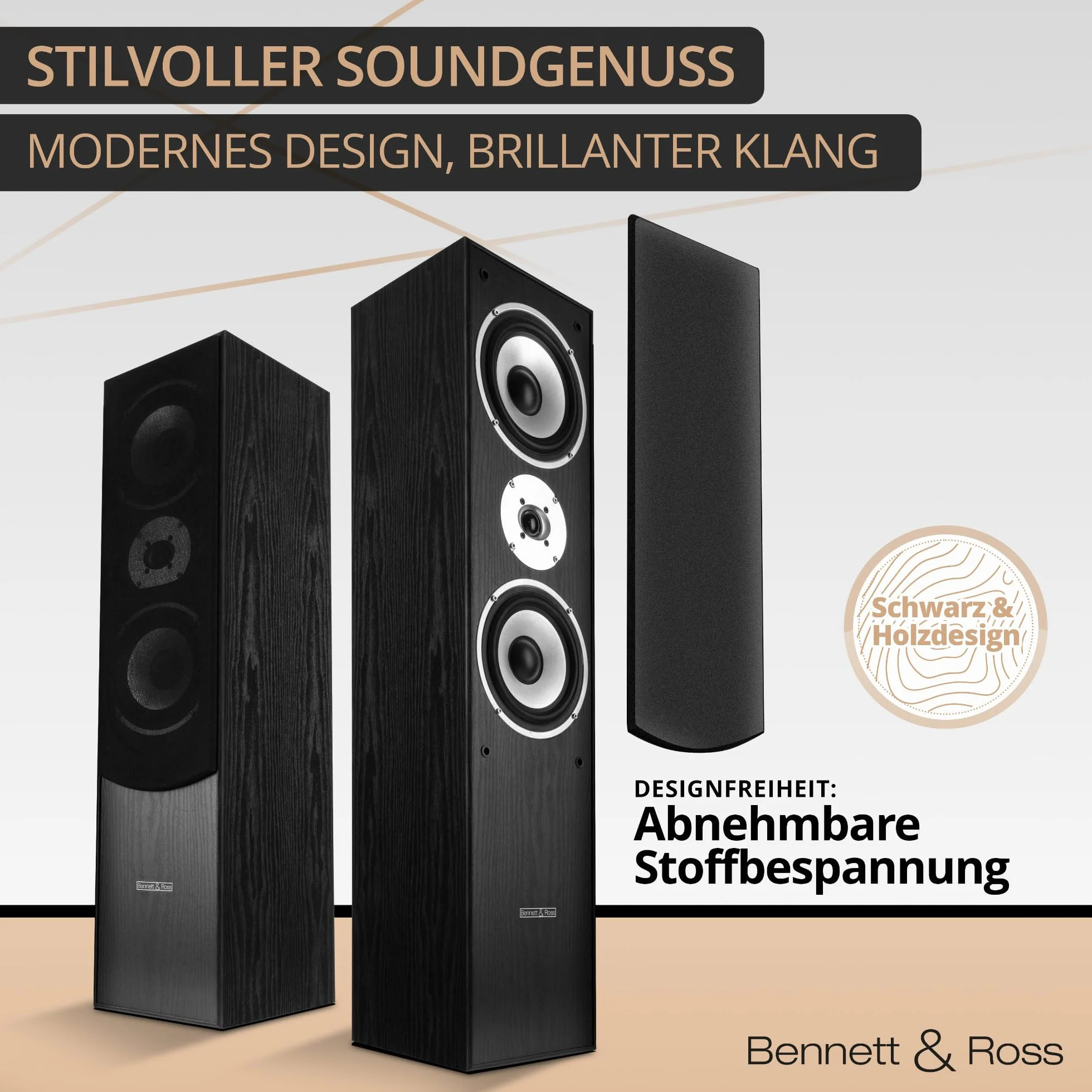 Bennett & Ross Radiant 3-drożny głośnik stojący HiFi (350 W RMS, 6,5" głośnik niskotonowy, 6,5" głośnik średniotonowy, 1" głośnik wysokotonowy, konstrukcja bass reflex, rysunek słojów o wyglądzie