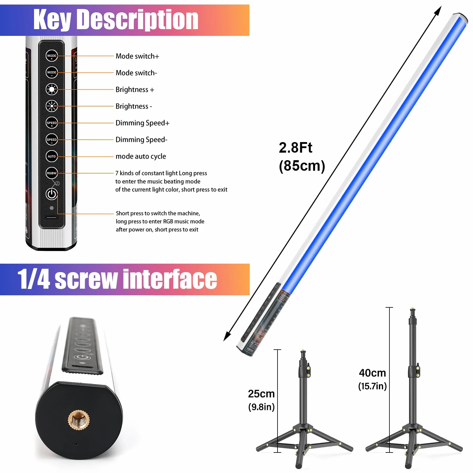 LUXCEO 4 sztuki 85 cm LED kijek świetlny Mood1 ze statywem, fotografia ręczna LED, możliwość przyciemniania światła i pamięci, wbudowany akumulator, lampa fotograficzna RGB do YouTube, TikTok