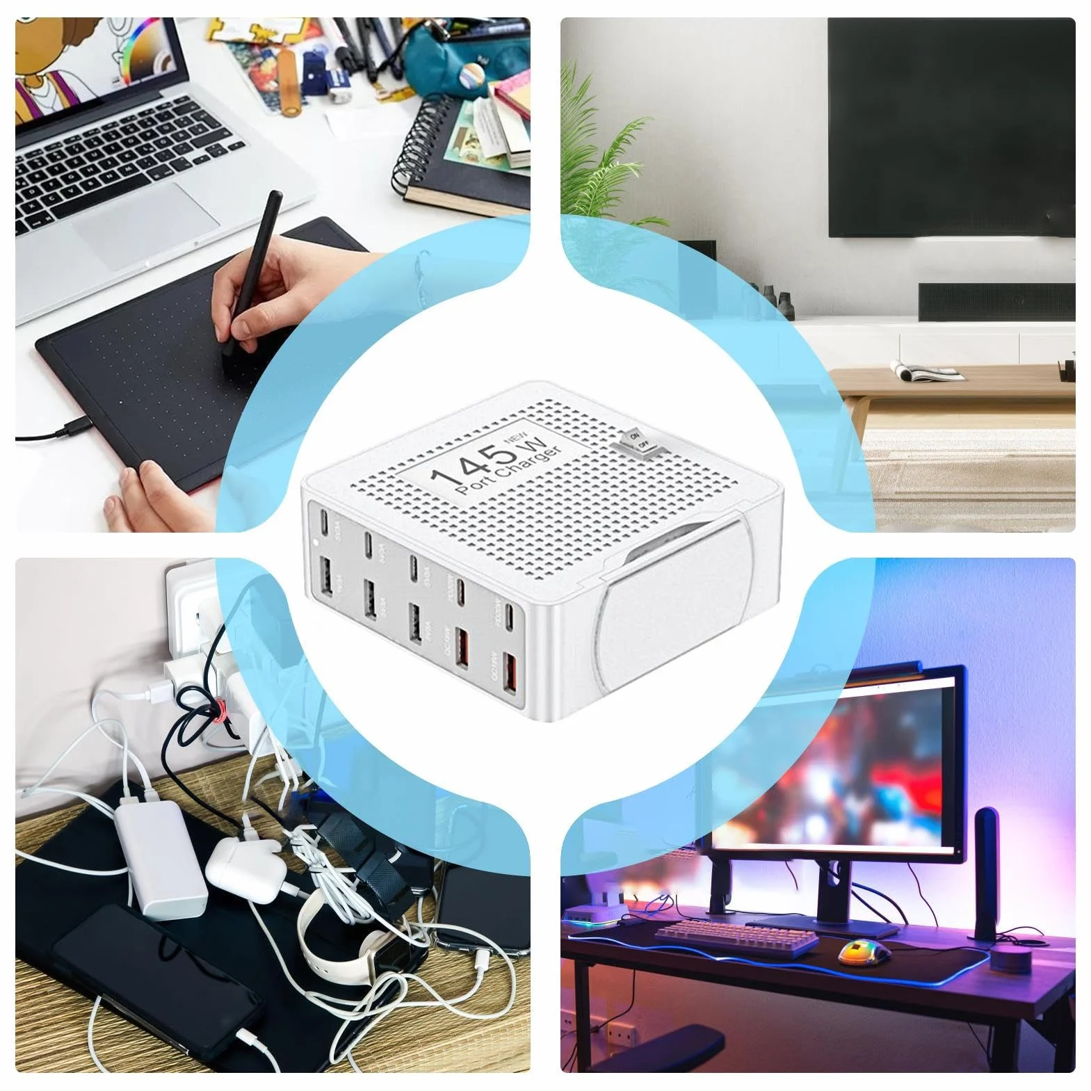 Blok ładowarki - 10-portowy adapter szybkiego ładowania do laptopa - stacja ładująca USB | do laptopa zegarka telefonu tabletu biurka podróży do domu biura