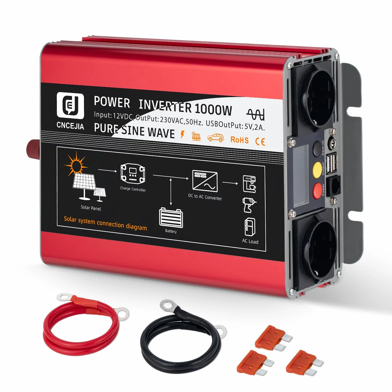 falownik 1000 W, czysty sinus 12 V na 230 V, przetwornica napięcia z 2 portami USB, 2 gniazdami USB, 2 gniazdami LCD, do samochodu, kampera, na kemping (czerwony)