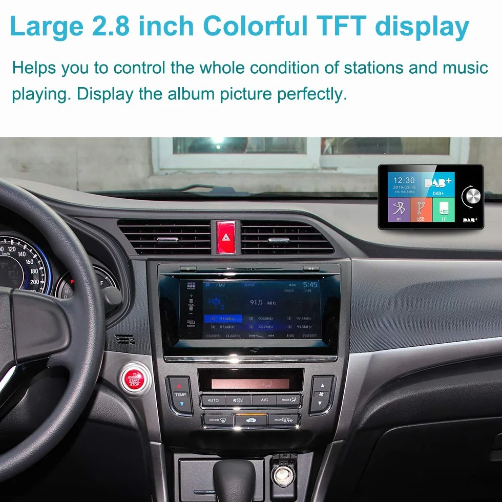 EZoneTronics Kolorowy wyświetlacz samochodowy DAB/DAB 7,1 cm + przenośny cyfrowy adapter radiowy DAB Bluetooth nadajnik FM odbiornik muzyczny + nieograniczone ustawienia wstępne + połączenie
