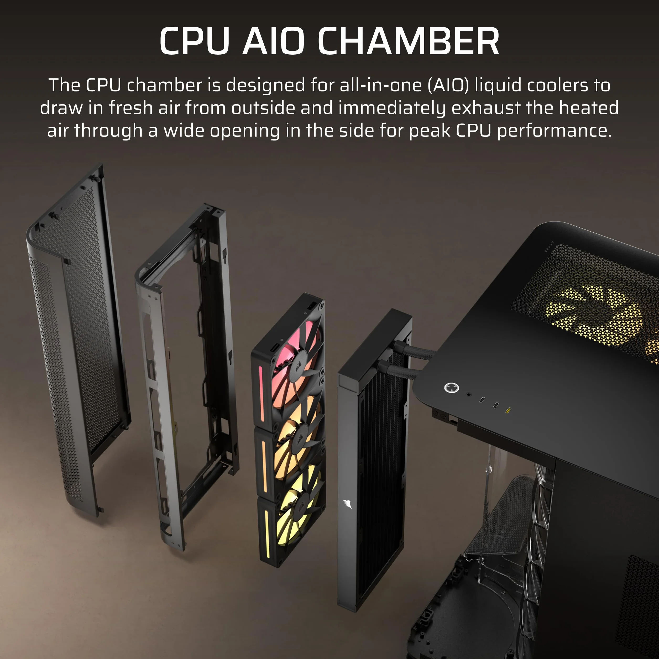 CORSAIR AIR 5400 LX-R RGB iCUE LINK trzykomorowa obudowa Mid-Tower Panoramiczna PC – 3 x wstępnie zainstalowane wentylatory LX-R RGB z odwróconym wirnikiem, niski poziom hałasu, kanały o wysokim