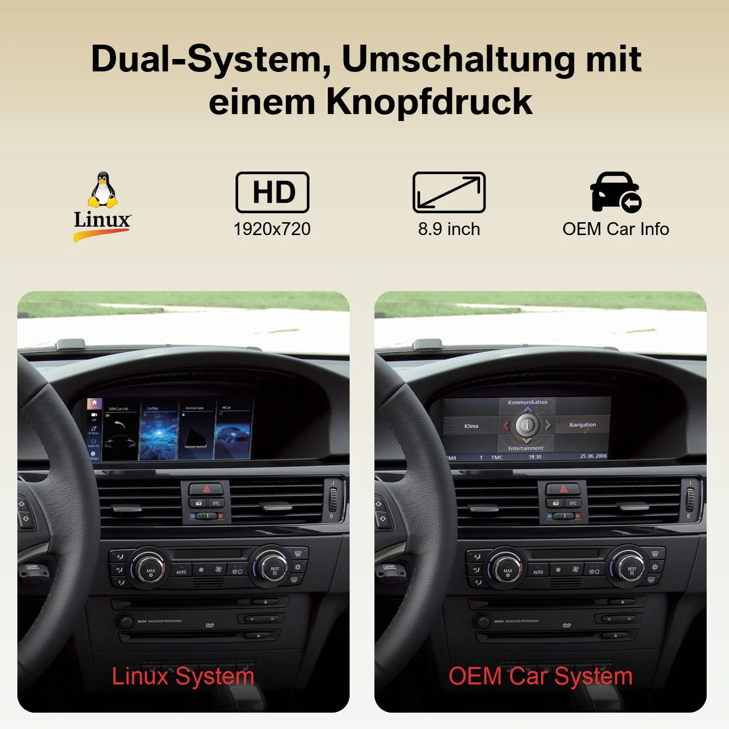 Linux Wireless CarPlay Android Auto do BMW serii 3 5 CIC System | E60 E61 E90 E91 E92 E93 2008-2013, wyświetlacz 8,8 cala, z Bluetooth, MirrorLink, kompatybilność OEM, montaż Plug & Play