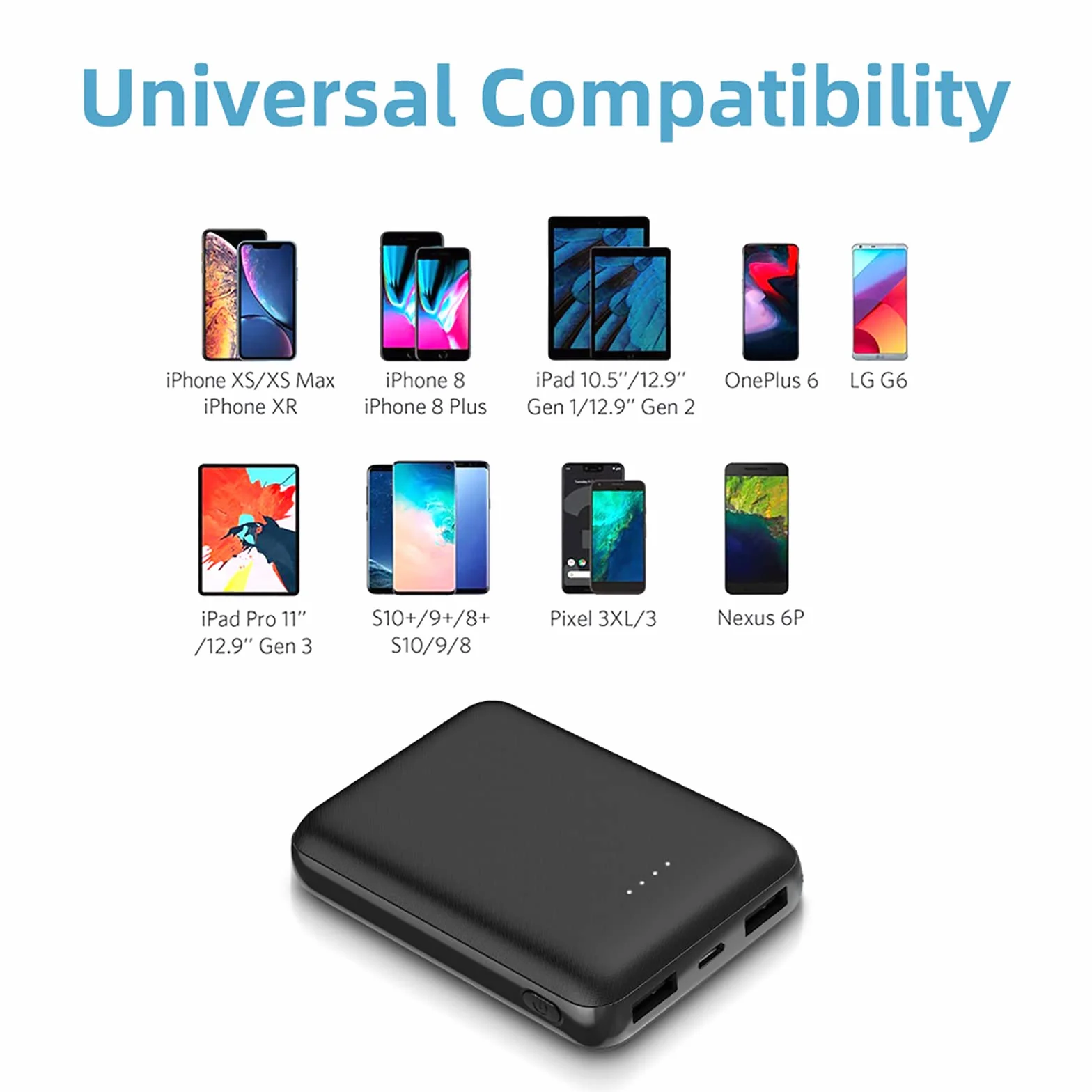 Mini Power Bank 10000 mAh Ultra kompaktowy, 2 porty USB 2,4 A szybkie ładowanie bateria zapasowa przenośna uniwersalna ładowarka do iPhone iPad Huawei do wszystkich smartfonów