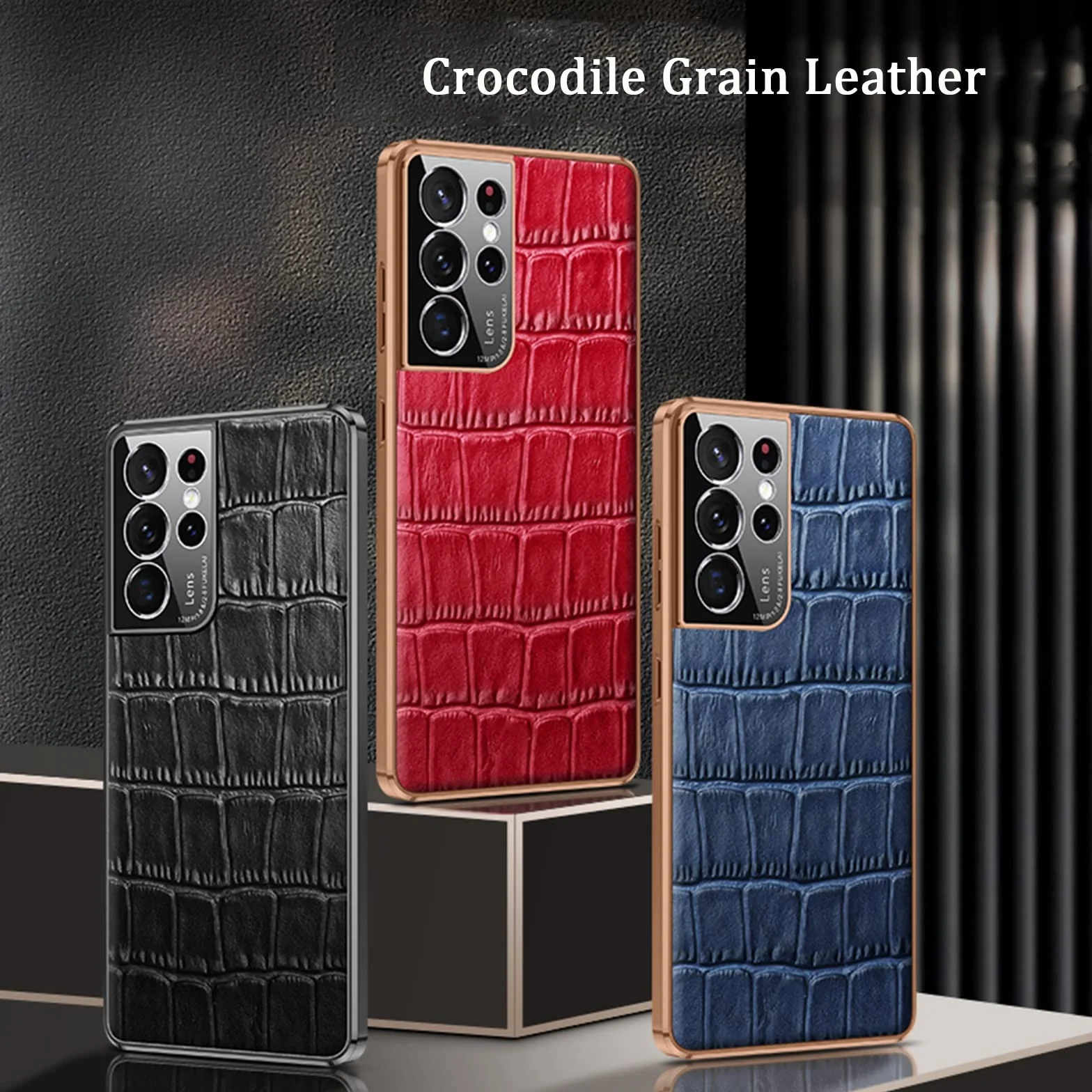 Etui do Samsung Galaxy S22/S22 Plus/S22 Ultra, etui z prawdziwej skóry krokodyla materiał premium odporny na zarysowania, smukła osłona ochronna, całość na aparat, czarny, S22 6,1 cala